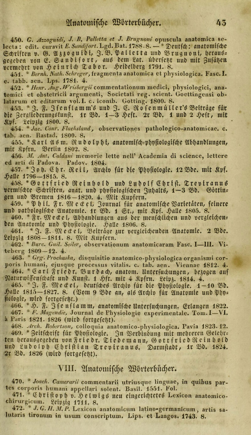 iHnötonufcfye 5ßü&gt;rtevH\d;er, 45 450. G. Azzoguidi, J. B. Palletta et J. Brugnoni opuscula anatomica se- lecta : edit. curavit E. SandiJort.Y.gA. Bat. 1788-8. — * ®eutfdK anatomtfd)C ©cbrlftcn v. ©. 2153ogu Ibl, 3.93. palletta unb 93rugnonl, beraub gegeben von @. ©anblfort, aub betn fiat. überlebt mib mit gufäfeen vcvmcbrt von Jpclurld) £abor. Jpelbelberg 1791. 8. 451. * Bernh. Nath. Schreger, fragmenta anatomica et physiologica. Fasc.I. e. tabb. aen. Lps. 1781. 4. 452. * Henr. Aug .FFrisbergii commentationum medici, physiologici, ana- tomici et obstetricii argumenti, Socictati reg. scient. Goettingensi ob- latarum et editarum vol. I. c. iconib. Gotting. 1800. 8. 453. *3. S- 3fenflanim'ö mib 3* Ütofenmuller’ö SBcttrdgc für ble jjerglieberungtffunft. lr 93b. 1—3 Jpeft. 2r 53b. 1 unb 2 Jpeft, mit Äpf. fieipjig 1800. 8. 454. * Jac. Cour. Flachsland, observationes patliologico-anatomicae. c. tah. aen. Rastad. 1800. 8. 455. *dvarl 91 öm. Olubolpbl, anatomlfcb=pbbftologlfd)e 2lbl)anblungen, mit Äpfrn. Söerltn 1802. 8. 456. M. Ant. Culdani memorie lette nell’ Academia di Science, lettere ed arti di Padova. Padov. 1804. 457. *3oft- @l)t. Oiell, Oirdyiv» für ble spbbftologle. I2 93be. mit Äpf. JF&gt;aüe 1796—1815. 8. 458. * @ 011 f r l e b Ot e 1 n b 01 b unb SubolfSbrlft. £tevlranug vermifebte ©cbrlften, anat. unb pbpftologlfcben 3tll)ßH6, 1—3 93b. ©ottln= gen unb «Bremen 1816—1820. 4. Wlt Tupfern. 459. * qj b 11. St- Wedel, 3ournal für anatomlfdje QSavletdten, feinere unb patbotoglfd^c ilnatomle. lr 93b. 1 ©t., mit Äpf. Jpallc 1805. 8. 460. * §r. Wedel, 2lbl)anb(ungen aud ber menfd)ltd)en unb vergleldjen; ben Anatomie unb ^bpfiologte. Jpatle 1S06. 8. 461. *3- S- Wedel, 93elträge jur vergletcbenben Stnatomle. 2 93be. fielpjlg 1808 — 1811. 8. Wlt Tupfern. 462. * Bure. Guil. Seiler, observationuni anatomicaram Fase. I—III. Vi- teberg 1809—12. 4. 463. * Grg. Prochasha, disquisitio anatomico-physiologica organismi cor- poris humani, ejusque processus vitalis. c. tab. aen. Viennae 1S12. 4. 464. *@arl Srfebr. 93urbad), anatont. Unterfudjungen, bezogen auf 9?arunvf|Tenfd;aft unb ä'unft. 1 S;&gt;ft. mit 4 Äpfrn. fictpj. 1814. 4. 465. *3- S- Wedel, beutfebe^ Sircblv für ble l))bpftologle. 1 —10 93b. ^xiUe 1815—1827. 8. (93om 9 23be an, alb filrdjlv für Slnatomle unb lpbP= ficlogte, rolrb fortgefeljt.) 466. *J&gt;. S- Sfonflantm, anatomlfcbe Unterfudjungen. erlangen 1822. 467. * F. Mugendie, Journal de Physiologie experimentale. Torn.I—VI. ä Paris 1821. 1826 (wirb fortgefefjt). 468. Arch. Robertson, colloquia anatomico-physiologica. Pavia 1823- 12. 469. * jjeltfcbrift für «Pbbftologle. 3« SGerbtubung mit mebreren ®elebr= ten berautfgegebe'n von S r l e b r. £ I e b e nt a n n, &amp; 011 f r l e b 9i c i n b 01 b unb fiubolpl) ©Ijrlftlan £revlranutf. ©armflabt, lr 93b. 1824. 2r 93b. 1826 (ivtrb fortgefefct), VIII. Sfnatoniifdje 2B5vter6üdf;cr. 470. * Joach. Camerarii commentarii utriusque linguae, in quibus par- tes corporis humani appellari solent. Basil. 1551. Fol. 471. &lt;2 I)rlft0p f) v. Jpehvlgö neu etngerlclyteteö Lexicon anatomico- chirurgicum. ficlpjlg 1711. 8. 472. J. G. II. M. P. Lexicon anatomicum latino-germanicum, arlis sa-