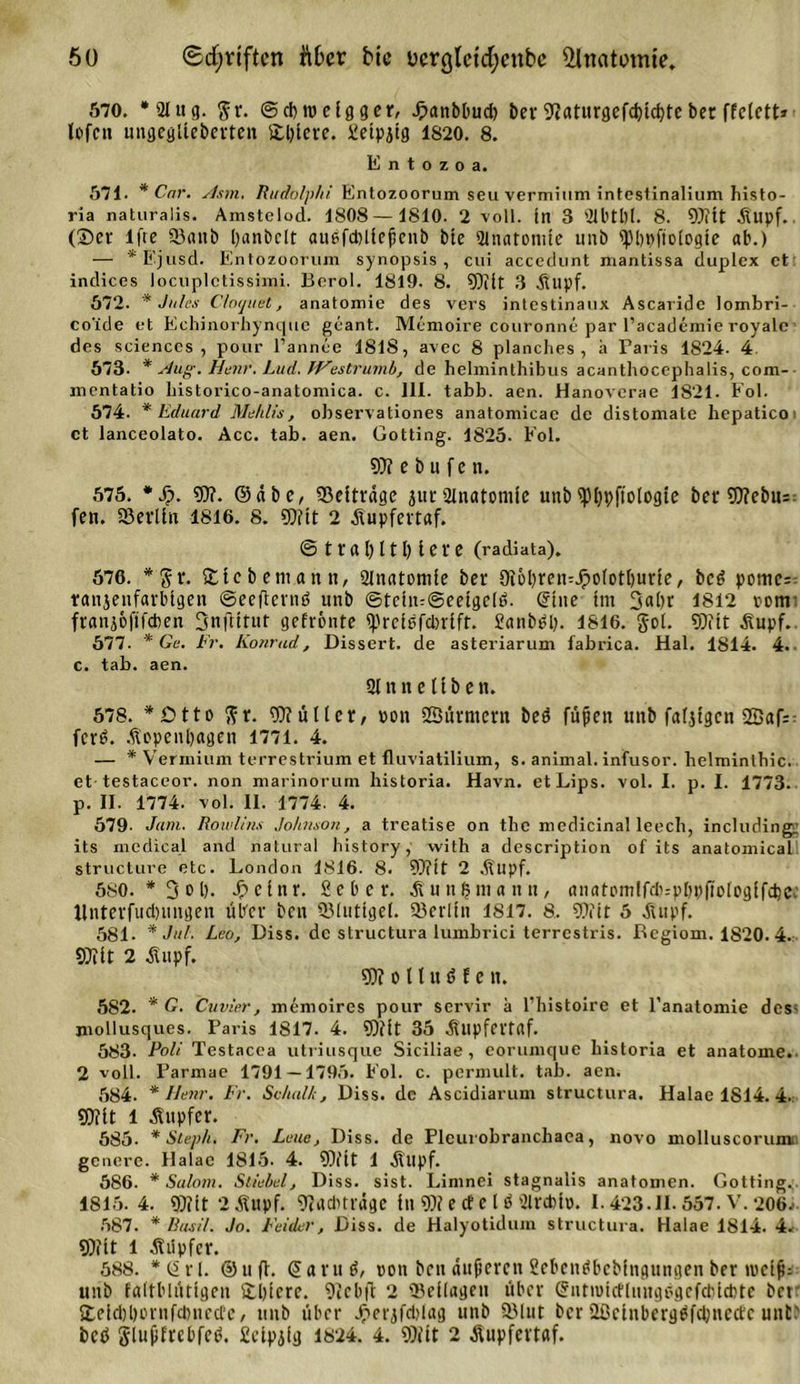 570. *2Ing. gr. ©cbroclgger, Jpanbbud) ber Waturgcfd)td)te ber ffclctt* lofcn ungeglleberten Kl)iere. Üetpjtg 1S20. 8. E n t o z o a. 571. * Car. Asm. Rudolphi Entozoorum seu vermium intestinalium histo- ria naturalis. Amstelod. 1808 — 1810. 2 voll, in 3 Slbtlll. 8. Witt dlupf. (3)cr Ifte 93anb Ijanbclt auefdHlc^cnb bte 2lnatonüe unb ^bpftologie ab.) — *Ejusd. Entozoorum synopsis, cui accedunt niantissa duplex ct indices locuplctissimi. Berol. 1819. 8. Wilt 3 .ftltpf. 572. * Jules Clocjuet, anatomie des vers intestinaux Ascaride lombri- co'ide et Echinorhynque geant. Memoire couronne par l’academie royale des Sciences, pour l’annee 1818, avec 8 planches , a Paris 1824. 4. 573. * Aug. Henr. Lud. JVestrumb, de helminthibus acantbocephalis, com- mentatio bistorico-anatomica. c. 111. tabb. aen. Hanoverae 1821. Fol. 574. * Eduard Mehlis, observationes anatomicae de distomate hepatico: ct lanceolato. Acc. tab. aen. Gotting. 1825. Fol. 9)? e b u f e n. 575. *d&gt;. Wi. ©dbc, «Beiträge jur 21natomie unb «Pbpftologte bei* Wiebu^ fen. S3erün 1816. 8. Witt 2 diupfertaf. © tratjttl) tere (radiata). 576. *gr. Stic bemann, 21natomie ber Oiobren-Jpofotburte, bed pontc= ranjenfarbtgen ©eeflernd unb ©tciu-@eeigc[d. (?ttte tm 3al&gt;r 1812 ronr franjoftfeben Snjlttut gefronte Spreidfdnlft. Sanbdl). 1816. gol. Witt Alupf. 577. * Ge. Fr. Konrad, Dissert. de asteriarum fabrica. Hai. 1814. 4. c. tab. aen. 21 n n e 11 b e n. 578. *£&gt;tto gr. Wiülter, »on Sßfirmern bed fußen unb fafjlgcn 2Öaf:: ferd. .fiopenbagen 1771. 4. — * Verrnium terrestrium et fluviatilium, s. animal, infusor. helminthic. et-testaceor. non marinorum historia. Havn. etLips. vol. I. p. I. 1773. p. II. 1774. vol. II. 1774. 4. 579- Jam. Rowlins Johnson, a treatise on the niedicinal leech, including, its medical and natural history, with a description of its anatomical structure etc. London 1816. 8. Witt 2 .fiupf. 580. * 3 o l). Jpctnr. Sc ber. Äun|m«nn, anatomlfd);pf)pftofog(fd)ev' llnteiTudntngen über ben 23(uttgel. 23erltn 1S17. 8. Witt 5 .Stupf. 581- * Jul. Leo, Diss. de structura lumbrici terrcstris. Bcgiom. 1820. 4. 50Tlt 2 diiipf. Wi o 11 u d f e n. 582. * G. Cuvier, memoires pour servir a l’histoire et l'anatomie des. mollusques. Paris 1817. 4. Wift 35 dtlipfcrtaf. 583. Poli Testacea utriusque Siciliae , eorumque bistoria et anatome.. 2 voll. Parmae 1791 — 1795. Fol. c. permult. tab. aen. 584. * LIenr. Fr. Schul/;, Diss. de Ascidiarum structura. Halae 1814. 4. Wilt 1 Tupfer. 585- * Steph. Fr. Lene, Diss. de Plcurobranchaea, novo molluscorum genere. Halae 1815. 4. Witt 1 Ältpf. 586. * Salom. Stichel, Diss. sist. Limnei stagnalis anatomen. Gotting. 1815. 4. Witt 2 .Stupf. Wncbtrdge ln W? e cf c l d 2lrddo. 1.423.11. 557. V. 206. 587. * Bus//. Jo. Felder, Diss. de Halyotidum structura. Halae 1814. 4. Witt 1 dtiipfcv. 588. *@rl. ©nft. (üarud, pon ben äußeren Sebendbcbfngttngen ber tuctß: unb faltblütlgen Üblere. Webft 2 Beilagen über Cntiuidlungdgcfcbtcbte bet' Ketcbbonifdnied'e, unb über Jnetqfdjlag unb 93lut ber 2ßctnbcrgdfd)ncctc unt' bed glufifrcbfed. £etpjlg 1824. 4. Witt 2 ßupfertgf.
