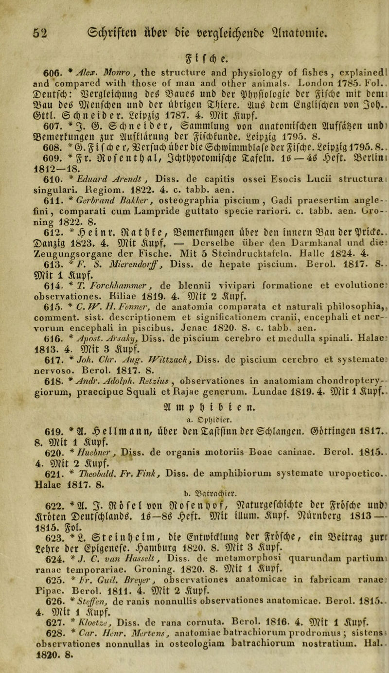 $ t f dj e. 60G. * Alex. Monro, tbe structure and physiology of fishes , cxplained! and compared with those of man and other animals. London 1785. Fol. ©ciitfd): ©ergleicpung beb ©auch unb ber ipbpftologtc bcr gtfclje mit bent 25au beb enfc^en unb ber übrigen £l)tere. 2iub bem @ngltfd)en von 3ob- (Sttl. ©djnetber. 2cipjig 1787. 4. ©fit jtupf. 607. *3. ©d)neiber, Sammlung ron auatomtfcben 2luffa§en nnb' SJemcrfungen jur 2luffldrung bcr gifdtfunbe. 2eipjtg 1795. 8. 608. * ©. % i f d) e r, ÜSerfud) über bie ©cbnnmmblafe ber 3ifd)e. Seipjig 1795.8.. 609. *g-r. €lüfentl)«l/ 3d)tl)potomtfd)e itafeln. 16 — 4b Jjteft. SSerliri 1 1812—18. 610. * Eduard Arendt, Diss. de capitis ossei Esocis Lucii structurai singulari. Regiom. 1822. 4. c. tabb. aen. 611. * Gerbrand Bakker, osteographia piscium , Gadi praesertim angle- fini, comparati cum Lampride guttato specie rariori. c. tabb. aen. Giro- ning 1822. 8. 612. *J&gt;etnr. Üiatbfe, 23emerEungen über ben intiern 93 au ber Briefe., ©anjig 1823. 4. ©fit Äupf, — Derselbe über den Darmbanal und die Zeugungsorgane der E'ische. Mit 5 Stcindrucbtafeln. Halle 1824. 4. 613. * F. S. Mierendorff, Diss. de hepate piscium. Berol. 1817. 8- ©fit 1 Äupf. 614. * T. Forchhammer, de blennii vivipari formatione et evolulione observationes. Riliae 1819. 4. ©fit 2 .Stupf. 615. * C.JV. H.Fenner, de anatomia comparata et naturali pbilosopbia, comment. sist. descriptionem et significationem cranii, encepbali et ner- vorum encepbali ixr piscibus. Jenac 1820- 8. c. tabb. aen. 616. * Apost. Arsaky, Diss. de piscium cerebro et medulla spinali. Halae 1813. 4- ©fit 3 jtupf. 617. * Job. Chr. Aug. JVittzack, Diss. de piscium cerebro et systemate. nervoso. Berol. 1817. 8. 618. * Andr. Adolph, Retzius , observationes in anatomiam cbondroptery- giorum, praecipue Squali et Rajae generum. Lundae 1819.4* ©fttlÄupf.. 21 m p 1) t b i e tu a. Dpljibicr. 619. *21. Jpellntann, über ben £afiftnn ber ©erlangen. ©ottingen 1817.. 8. ©fit l Äupf. 620. * Huebner, Diss. de organis motoriis Boae caninac. Berol. 1815. 4. ©fit 2 Ättpf. 621. * Theobald. Fr, Fink, Diss. de ampbibiorum systemate uropoetico.. Halae 1817. 8. b. 93ntrn*icr. 622. *2t. 3- Oföfel »on Otofenbof, ©aturgefddcfytc bcr Jröfcbe unb' Broten ©eutfdjianbb. lb—8b J?eft. ©fit illutn. Änpf. ©ürnberg 1813 — 1815. $o(. 623. *2. ©teinfycfm, bie Grntrofcflung bcr ffrofd)e, ein Beitrag jurt Sehre bet ©pigenefe. Hamburg 1820. 8. ©fit 3 jUtpf. 624. * J. C. van Hasseil, Diss. de metamorphosi quarundam partium ranae temporariae. Groning. 1820. 8- ©fit 1 Ältpf. 625. * Fr. Gail, ßreyer, observationes anatomicae in fabricam ranae Pipae. Berol. 1811. 4. ©fit 2 Ältpf. 626. * Steffen, de ranis nonnullis observationes anatomicae. Berol. 1815. 4. ©fit 1 ÄUpf. 627. * E/oetze, Diss. de rana cornuta. Berol. 1816. 4. ©fit 1 Jfupf. 62S. * Car. Henr. Mertens, anatomiae batrachiorum prodromus ; sistens observationes nonnullas in osteologiam batrachiorum nostratium. Hai. 1820. 8.