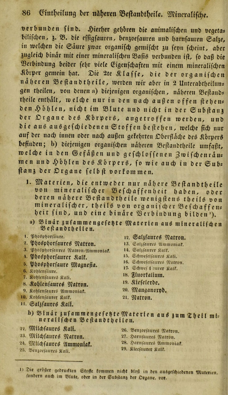 oerbunbeti finb. S?ierber geboren bie ammaltfdjeii unb oegetas bilifcfoett, j. 93. bie efftgfauren, benjoefnuren tmb barnfauren ©atje, in welchen bie ©dure jwar organifd) gemifd)t $u fepit fd)eint, aber jngleid; binar mit einer mineralifcbett 93aftd oerbunben ift, fo baft bie 93erbinbung beiber fef^r oiete (Jigcnfcfjaften mit einem mineraliftben Körper gemein bat. ©ie 2te dt'taffe, bie ber org an if d)en nd bereu 93eftanbtbeile, werben mir aber in 2 Unterabtbeilnns gen tbeiten, oou benenn) biejenigen organifd;en, näheren 93eftanb* tbetfe enthalt, wetd;e nur in ben nad) aupen offen ft eben* ben Jpoblen, nicht im 93lute unb nicfct in ber ©ubftanj ber Organe bed $brperö, angetroffen merben, unb bie aud audgefdnebenen ©toffen hefteben, weldje ftcb nur auf ber uad) innen ober nad) aupen gefebrten Oberfldd;e beß dibrperö beftnben; b) biejenigen organifcben näheren 93eftanbtbeiie umfapt, meld)e in ben ©efdpen unb gefd;loffenen ^mifcbenräus men unb fohlen bed Jtbrper«, fo mie auch in ber ©ub* ftatt j ber Organe feIb ft oorfommen. 1. Materien, bie entmeber nur nähere Seftanbtbetle oott mitter alifc&amp;er 23 efd) affen beit haben, ober bereu nähere 58 e ft a tt b t b e i 1 e m e n i g ft e n 6 t b e i I d o o ti mineraiifcber, tbeild oon organifcber 93efd)affens beit finb, unb eine binare 93erbitibung bi Iben1). a) 931 n d r jufatnmengefe&amp;te Materien and mineralifcben Seftanbt beiten. t. Sjsrjoöprjorfaure. 2. qßbodpborfaured Patron. 3. ‘Jpijovprjorfnureö 0?arru&gt;n=3rmmüninf. 4. «Pbüdpborfaurcr Äalf. 5. ipbodpborfaure Wagnefta. 6. ÄoIjIenfYiure. 7. tfoljlenfnureö Änli. 8. dtoblenfaured Patron. 9. Äüljfeiifniice» Qltnmoninf. 10. &amp;D()(enjYiuret italf. 12. ©afjfaured Patron. 13. &lt;Snljfnnrc$ 9lmmoni&lt;tf. 14. (Srtljfiiurer .ftVilf. 15. ©dpucfcIfatireS ifuli. 16. ©djwefdüuirc» Slfiitron. 17- ©d»vef 1 .uiver Äalf. 18. gluorfalinm. 19. Äiefefcrbe. 20. Sfftangancrpb. 21. Patron. ‘i. ©aljfaurcd tfaif. b) 93indr jufammengefe&amp;teSWaterten and j u m £ b e 11 mf- neraltfdben 58eftanbtbeiten. 22. OTUdifaured Äalf. 23. 9)?tid)fatircd Patron. 24. 9)fild)faurcd 2tmnu&gt;niaf. 25. ©eiijoefiuireö £&lt;ili. 26. ©enjoefnureS «Jnitron. 27. §arnfanrc$ 'Tfntron. 28. #nrnfaure4 Olmmoninf. 29. tUeefnurcr ii'alf. i) Uic nrößer geBmcften Stoffe fommcn nid)t bloß in ben aii*ocfd&gt;iebcnen TOaterien, lonbcrn nud) im ©Jute, ober in ber ©itbffanj ber Dtflane, oor.
