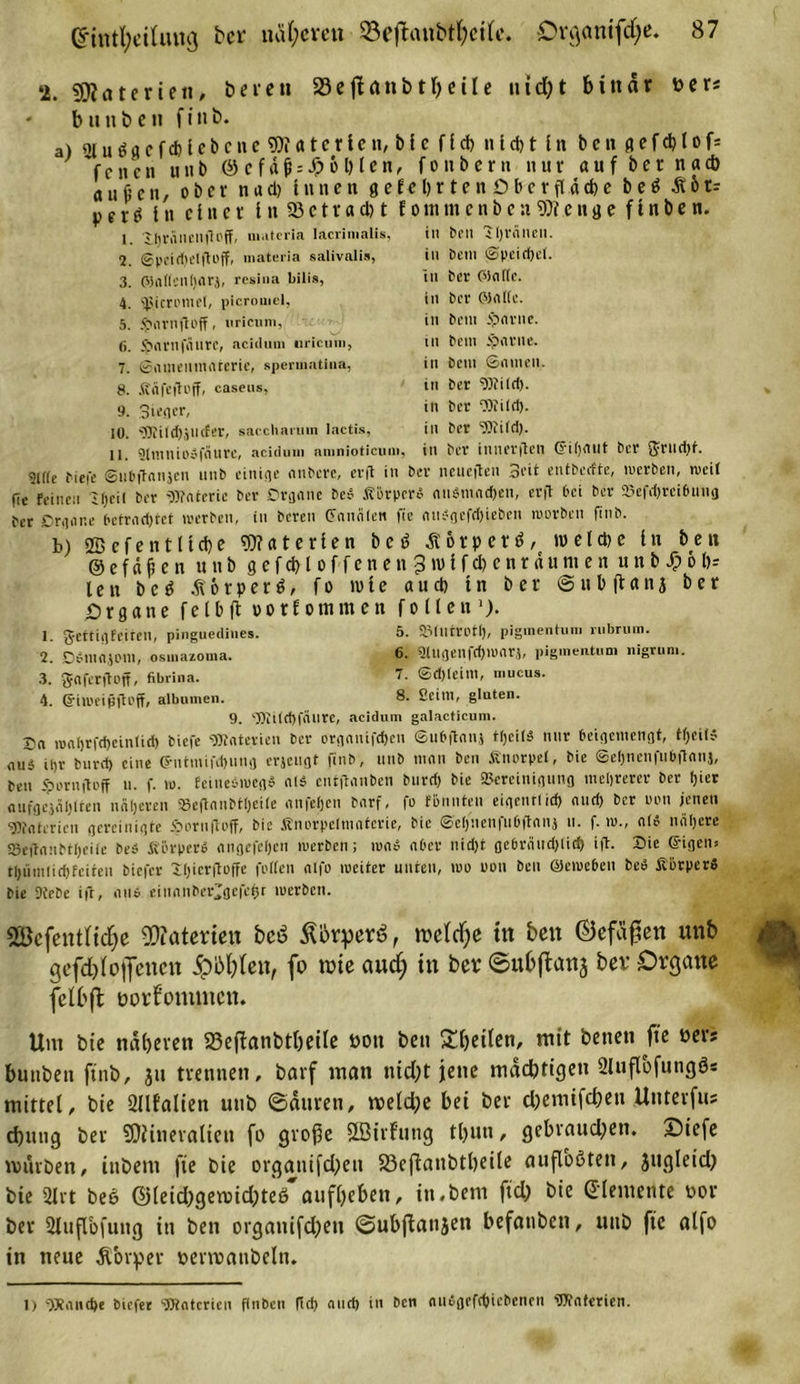 2. SOtaterien, beren 33 eßattbtheile nicht binar cr« - bunben finb. a) 2lu$gefc6lebcue90?«terlen, bic ficb nicht ln ben gefd)lof fenen tmb ©cfäjj = Jpöblen, fonbern nur aufbetnacb außen, ober n a cl) Innen g e fe 1) r t e n O b e r fl ach e b e $ Ä 6 u p e t g t n einer ln Sö c t r a d) t f o in m c n b c n 9)f e n g e f I n b e n. j 'JJjvänellftoff, m.itcria lacrimalis, in bell il)Vnneil. 2. ©pci(fjelfloff, materia salivalis, in bem ©pcid)c(. 3. ßjaflcnljarj, resina bilis, in ber ©alle. 4. fßicromel, picromel, in ber ©alle. 5. #arnftl)ff, nricnm, in bellt $arne. fi. anrnfäurc, acidum uricum, in bem iparne. 7. ©amenmaterie, spermatina, in bem Samen. 8. Knfeftojf, casens, in ber Wild). 9. Sieger, in ber Wild), lü. Wild)jncEer, sacchaeum lactis, in ber Wild). li. aimnioSfäurc, acidum aninioticiini, in ber iiinerften Cfiljaiit ber grtidjf. 9l((e biefe ©ubjtnnjeii nnb einige nnbere, er fl in ber neueflen Seit entberfte, werben, weil fie feinen iljeil ber Watcric ber Organe bce Körpers niiStnnc&amp;eii, erft bei ber 93efd)rci6ung ber Organe l'ctrad)tct werben, in bereu (Fanalen fie nuögefd)ieben worben finb. b) 2B e f e n 111 d) e 9)? a t e r l e n b c ö Äörperä, w e t d) e ln b e it © e f« ß c n u n b g e f d) l o f f e n e n 3 n&gt; l f d) c n r du nt e n u n b $ o l): len bcg Äorperö, fo wie aud) in ber ©nb (tanj ber Organe f e t b (l o o r f o in in e n f o 11 e n 1. gettigfeiteil, pinguedines. 5. SMlltrotl), pigmentum rubrum. 2. DSmnjom, osmazoma. 6. 9lllgenfd)war}, pigmentum nigrum, 3. gaferftoff, fibrina. 7. ©djleim, mucus. 4. (F'ill'eipfieff, albumen. 8. ßeitlt, gluten. 9. Wilcbfänre, acidum galacticum. Oa wal)rfd)ein(id) tiefe Waterien ber orgntiifcfyen ©ubjtnns tljeilä nur beigemengt, tljcilS au^ iijr bnrd) eine &lt;?ntmifd)ung erjeugt finb, nnb man ben Knorpel, bie ©eljncnfubftatij, ben Ppornftoff n. f. w. EeineöwcgS als entftanben burd) bie SBereinigung mehrerer ber f)ier aufgejäljlren naljeren 23eftanbtl)eile anfeljen barf, fo föniiten eigenriid) and) ber non jenen Waterien gereinigte Äornftoff, bie Knorpeftnnterie, bie ©elj'nenfubftanj n. f. w., als nnljere S8eilanbtl)eiie bei .Körpere angefeijen werben; was aber nid)t gebränd)lid) ift. Oie ©igen* tl)nmiid)tciten biefer iljicrftoffe fallen aifo weiter unten, wo uun ben ©ewe&amp;eit bei Körpers bie Siebe ift, ani einnnber’gefefcr werben. SBefentfid&amp;e Materien bcö ßbrperd, welche ttt ben (Befaßen nnb gefdjloflencn #bfo(en, fo wie and; in ber ©ufcßanj ber Organe fcU'ffc üorfonunen. Um bie näheren 33eßanbtheile rott ben Steilen, mit beneti fie rers bunben finb, ju trennen, barf man nid;t jene mächtigen Sluflbfungö* mittel, bie Sllfalien uub ©äuren, meld;e bei ber djemifchen Unterfus d)uug ber SOiineralien fo große SSJirfung tßun, gebraud;en. Oicfe mürben, ittbent fie bie organifd^eit 23eßanbtl)eile auffoöten, jtigleid) bie 2lrt beb @letd)gen&gt;id;te6 Aufheben, in,bem ftd) bie Elemente ror ber 2luflbfung in ben organifd;eu ©ubßanjen befatiben, uub fie alfo in neue Äbrper renvanbeln. l) Waitd&gt;e biefer Waterien fiiiben (td) and) in »en nnigefdjicöcnen Waterien.