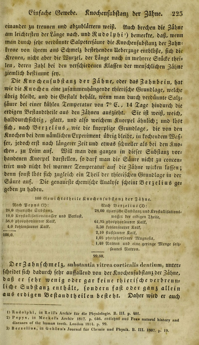 (5‘tnfacf)e ©ercebc. ftttocfjenfubßanj ber 225 «lianber 31t trennen mit» flb$ublatten« meiß. 2(ud; bred;ett bie 3dl;ne am leid)teßett berSauge nad;, imb gtubolpbt1 2 3) bemerfte, baß, metttt man bind; feijr »erbmmte ©alpeterfaure bi'e ßnoc&amp;enfubßanj ber3al;n« frone oon il;rem auß ©djntelj beßebettben Uebei^itge entblöße, ftd? btt fronen, nid;t aber bie Ößurjel, ber Sange tiacb in mebrere ©t tiefe tbei« Iett, bereu 3al;l bet ben betriebenen dllajfen ber ntenfd;lid;ett 3dl;ne Siemlid; beßimmt (et;. S5ie M tt o d; e n f u b ff a n 5 ber 3 d b n e, ober baß 3 a 1; n b e i n, (;at mie bie dlnoeben eine jttfammetibdngenbe tl)ierifd;e ©ruttblage, meld;e übrig bleibt, unb bte ©eftalt bebdlt, wenn matt bttrd; öerbtlnnte ©als« fdure bei einer Fnlßen Temperatur oon 7° , 14 Tage f&gt;tnburd? bie erbigen S3eßanbtl;etle auß ben 3abnett außjiebt. ©ie iß meiß, meid;, balbburd)ftd;tig, glatt, unb alfo meid;ent Knorpel dbnlid;; unb l&amp;ßt ftd;, nad; 35er5eI iuß, mie bie f’norplige ©ruttblage, bie öon ben dlnod;en bei bem ttdmlid;ett ©rperiment übrig bleibt, in fod;enbcm 9Baf« (er, jebod;erß nad; längerer 3ett unb etmaß fd;neller als bei ben ditto« eben, 31t Seim auf. 2Btll man bett ganjen in biefer ©ubßanj imr« banbenen Knorpel barßellen, fo barf man bie ©dure nid;t 311 cottcen« trirt unb nid;t bei mariner Temperatur auf bie 3dt;ne mirf'en laffett; bettn fonß loßt ftd; jugleid; ein Tl;eil ber tl)ierifd;eti ©ruttblage in ber ©dure auf. ©ie genaueße d;emifd;e 2lnalt;fe fd;eint 23 e r3 e 11 u ß ge« geben 311 l;abett. 0cf)c n fu (mTan j ber 3 n 0&gt;i e. 9uid) 23 e r j e I i tt P (3) : 2S,00 t!)ierij'd)e ©ubflnnj unbÄruflaflifationö» lrnffev ber erbigen Ifjeiie, 61,95 ptjaPpijorfaurer finif, 5,30 Foljler.fnurer Änlf, 2,to ftufsfnurer Äa(f, t,05 p()ö;-pi)L'tfiiiire ^Ofrtgneftrt, 1,40 Patron tmb eine geringe TOcnge fiilj; fnureä Patron. 99,80. © e 1‘ 3 a b tt f d) ttt e 13, snbstantia vitrea corticalls dentium, unter« fcbeibetftd; baburd; fel;r auffallenö öon berdluod;ettfubßan3ber 3dl;tte, baß er f e b r m e tt i g o b e r g a r f e t tt e 11; i e r i f d; e o e r b r e tt tt« liebe ©ubflan3 enthalt, fonbertt faß: ober gattj allein auß erbigen Sßeßanbtl;eilen beßel;t* ©al;er mirb er aud; 100 03 e iu i d) t» 11) e i 1 e £ n 9uid) ‘peppP C2): 28.0 t(;ierird)e ©libflnnj, 10.0 StpftaflifationPiraffer unb 23erluft, 58.0 pfypppljorfanrer .Ralf, 4,0 foljlenfnurer £n(f. 100,0. 1) Rudolphi, in Reifs Archiv für die Physiologie. B. III. p. 401. 2) Pepys, in Meckefs Archiv 1817. p. 646. entfernt ailä Foxs natural hisfory and diseases of the human teetli. London 1814. p. 99. 3) Betielius, in Gchlen’s Journal für Chemie und Physik. B. III. 1807. p. 19.