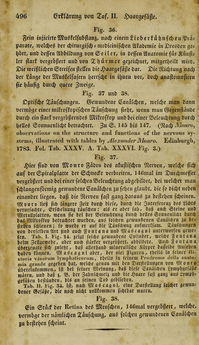 Fig. 36. Sein injicivteSOTuöF'elfubflonj^ nad) einem Sieb er fähnfd)en<Prds parate, meldjeß ber d)irurgifd)s mebicinifdjen 2lfabemie in Sreßben ge? l/ort, unb beffeu Slbbilbung t>o« ©eilet, in beffen Anatomie für jlunfls Icr flavf' üergrbßert unb üou £ härmet gejeid)nef, mitgetbeilt roivb. Sie roeißlidjen ©treifen (teilen bie Jpaargefäpe bar. Sie 3fiid;tung nad) ber Sange ber 5D?ußfelfaferu Ijerrfdpt in i^nen »or, bod) anajlomofiren fte häufig burd; quere ^roetge. Fig. 37 unb 38. Sptifdje £äufd)ungeu. ©enntnbeue ©anäleben, meld;e man bann »ermbge einer mifroffopifd;en£äufd;ung fielet, wenn man ©egenjlänbe burd; ein jtarf öergr&amp;ßernbeß SDiifroffop unb bei einer 23eleud;tung burd) beließ ©onnncnlicbt betrachtet, ^u ©. 145 biß 147. (Slad; Monro, observations on the structure and fnuctions of the nervous Sy- stems, illustrated with tables hj Alexander Monro. Edinburgh, 17S3. Fol. Tab. XXXV. A. Tab. XXXVI. Fig. 3.) Fig. 37. #ier fttib bon Skonto gaben beß afufiifd;en Sterben, meld)e jtcb auf bei* (Spiralplatte ber ©d;uecfe berbveiten, I46mal im Suvdjmeffer vergrößert unb bei einer fold;en 23eleud)tuug abgebilDet, bei welcher man fd)langenformig gewunbene ©anäld)ett jtt feljcn glaubt, bie fo bid)t neben einanber liegen, baß bie Sterben faßt gatij barauß ju beheben fd;einen. 9)?onro ließ ftd) längere ^ett burd) btefe, burd) bte Snterfcrenj beß 2td)tß oerurfad)tc, (Srfchelnung täufd)en: alß er aber fal), baf) aud) ©tclne unb «Dietallplatten, wenn fie bei ber 93eleud)tutig burd) beließ Sonnenlicht burd) baß 9)?tfvoffop betrachtet würben, auß foldjen gewunbenen ©anälchen ju bc= flehen fdjlenen; fo würbe er auf bie £äufd)img aufincrffam. £äufd)ungcn ron bcrfclbenülrt |mb aud) gontana unb 9)iaßcagnl unterworfen gewer fen. Tab. I. Fig. 14. jclgt fold)e gewunbene ©hllnber, weldjc gontana beim 3cllacnjcl:>c/ «ber uod) ftärfer vergrößert, abbllbetc. 9lud) Montana «berjeuate ftd) julel)t, baf) allcrljanb ntlnerallfd)e Körper baffelbe sinfeUen haben tonnen. «fflaßcagnt aber, ber »lei Slgurcn, tDcllß ln feiner Hi- stox'ia väsorum lymphaticorum, tljeÜO tn feinem Prodromo dclla anato- mia grandc gegeben l)at, welche genau mit ben ©arfleüungen von 9)touro «berclnfomnten, 1(1 bei feiner Meinung, baß btefe Landleben fipmpljgefäftc wären, unb bafs j. 93. ber $al)nfd)mclj unb bte Jpaare faft ganj auß 2v>mpl)= gefäßen feeftünben, biß au feinen £ob geblieben. Tab. II. Fig. 34. 1(1, nad) SOfaßcagnl, eine ©arflcllung fold)cr gcwun= fcener ©efäße, bie noch nicht voUfontmcn fichtbar waren. Fig. 3S. ©in ©tuef ber Retina beß Sfflettfd)en, I40mal vergrößert, n)eld)c, vermöge ber nämlichen £äufd;ung, auß fold;ett gnvunbeueu ©analeren ju begehen fd;eint.