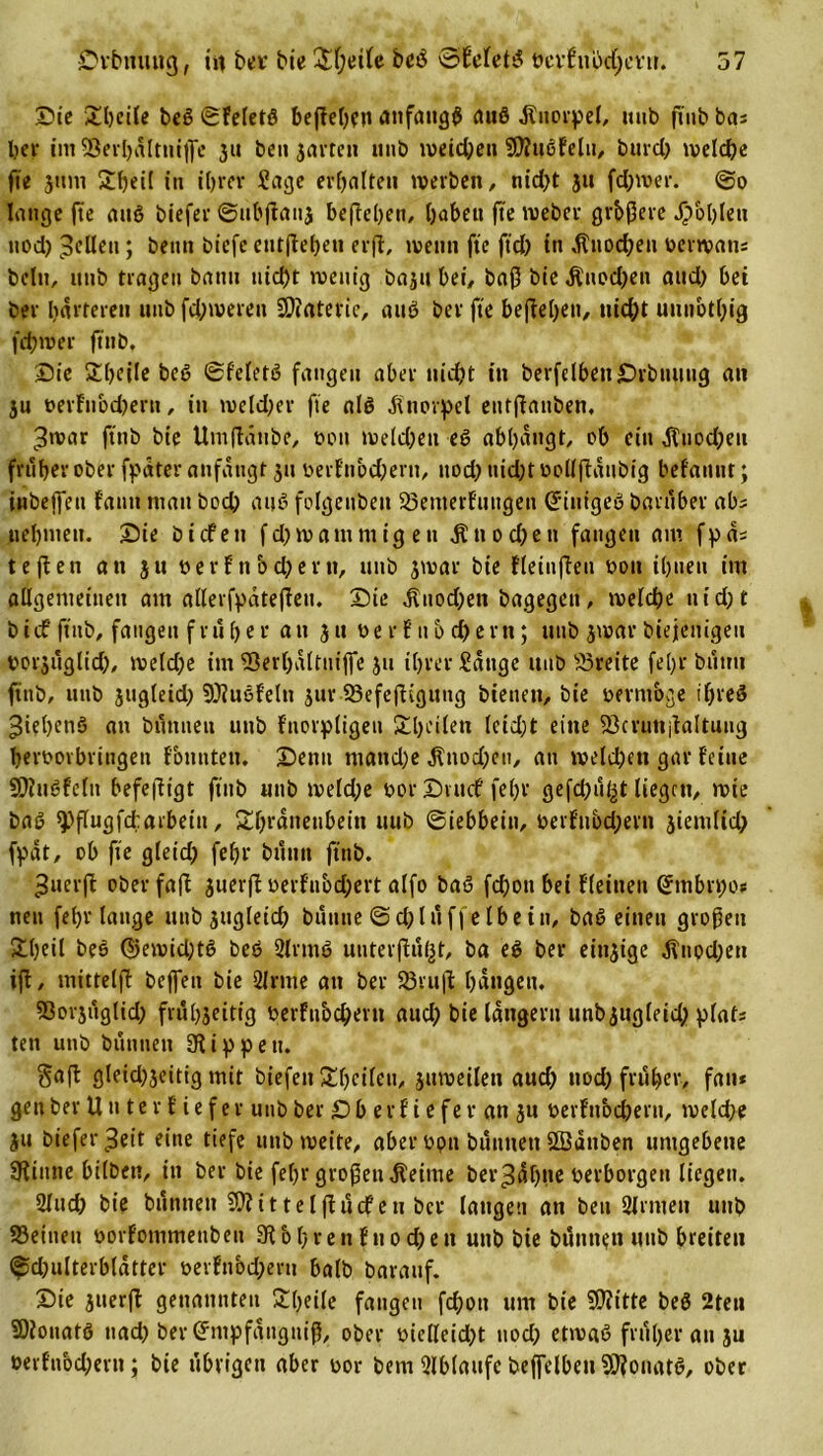 Die 2l)ci(e be6 ©feletö bejlehcn anfangs auö Jtnorpel, mtb füib bas her im 93eil)rtltnijfc 31t beit javrcn »nb weid;en Staubfein, burd) welche fte 311m 2bei( in ifjrer Jage erhalten werben, nid)t 311 fchwer. ©0 lange fte attß biefer ©ubftati3 begehen, haben fte Weber grbßere fohlen tiod) gellen; beim biefc entgehen erft, wenn fte jtch in ,ftttod)eu üerwatt: beln, utib tragen bann nicht wenig bajtt bei, baß bie $uod)en attd&gt; bei ber härteren nnb fd;weren SDfatevic, aub ber fte befiehlt, nicht utmbthig fchwer ftnb. Sie Shcilc beö ©f'eletö fangen aber nicht in berfelbenSrbuuug an 31t »erfnbd)eru, in weld)er fte alt? .Knorpel etttflauben, ;3war ftnb bie Umfldnbe, tum welchen eö abhangt, ob ein JTtiod;en früher ober fpater anfangt 311 v&gt;erfnbd)ern, noch nicht toollftaubig befamu; inbeffen fantt man bod) au$ folgenbett Benterfungen (Jiuigeö ba in ber abs nehmen. Sie bicfeti f d) wam nt igett .Knochen fangen am fpa; teflett att 3U berfnbchertt, uitb 3war bie fletnjfen oott ihnen im allgemeinen am allerfpdteffeu. Sie ^ttod)ett bagegett, welche ttid)t bitf ftnb, fangen früher au 31t toerf nbchern; uub 3war biejeuigeti boijuglid), weld)e im Berhaltuiffe 311 ihrer Jdnge mtb -Breite feljr buun ftnb, utib 3ug(eid) SÜluefeltt 3ur Befefligung bienen, bie oevntbge tl)re3 ^iehenö an buniieu unb fnorpligeu Steilen (eid;t eine Bcruttjlaltung berooi bringen fonnteti. Senn tuand)e Knochen, ati welchen gar feine SWtWfclu befe|ligt ftnb mtb weld)e t&gt;or Svttcf fehr gefd)ii^t liegen, wie baß 9&gt;flugfd:arbetti, Shrditetibein uub ©iebbein, berfubd;erti 3ientlid) fpdt, ob fte gleid) fehr buttit ftnb. 3uer|f ober fafl 3uer(l r»erfnbd;ert alfo baö fdjou bei flehten Grmbn;os neu fehr lange mtb 3tigleid) buittte @d;liif) elbetn, ba6 einen großen 2heil bee&gt; ®ewid;t6 beb 2lrmö unterflußt, ba eß ber eitt^ige dTitpdjeti ift, mitteljl beffett bie 2lrme ati ber Bru|f hangen. 53or3uglid; frul^eitig berfnbd;ent aud; bie langem mib3ug(eid; plats ten utib buntien 9Mppen. gaff gleid)3eitig mit biefen Sheilett, jttweilen aud) tiod) früher, fan* gen ber U n t e r f i e f e r unb ber £) b e r f i e f e r an 3n berfubepern, weld;e 31t biefer $eit eine tiefe unb weite, aber opn bünueti SBdttben umgebene SRinne bilben, in ber bie fehr großen Meinte ber Jdhne verborgen liegen. 2lud) bie bunnett SÄittelflücfen bei* langen an beu Slrmeit unb Beinen oorfommenben bohren fnochen unb bie bumten uub breiten Schulterblätter üerfnbdjeru halb barattf. Sie 3uerfi: genannten Steile fangen fd)ott um bie 5D?itte beb 2tet» SDlouatö uad) ber (fntpfgiigniß, ober me((eid)t tiod) etwaö früher an 3u t&gt;erfnbd;ern; bie übrigen aber t&gt;or bern 2lb(aufe beffelbeu Monate, ober