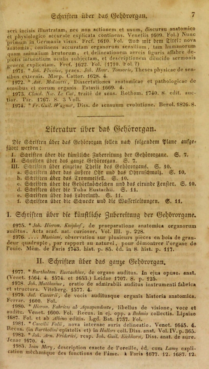 aevi incisis illustratam, nee non actionem et usum, discursu anatomico et phvsiologico accurate cxplicata continens. Venetiis 1609. Kol.) Nunc primuin in Germania visus. Krcf. 1610. bol. 9lud&gt; mit bent ittCli nova anatomia , continens accuratam organorum sensilium, tarn humanoruni quam animaliuni brutorum , et delincationcm aercis tiguris afFabre de- pictis intuentium oculis subjcctam, et descriptionem dilucido sermonis genera explicatain. Krcf. 1622. Fol. (1710. Kol.?) 1971. *./&lt;&gt;/&lt;. Eliecius, praes. Joh. Henr. Tonsoris, Theses physicae de sen- sibus externis. Marp. Cattor. 1628- 4. 1972. * Aut. Malirtctti, Dissertationcs anatomicae et pathologicac de sensibus et corum organis Patavii 1669. 4. 1973. Claud. Nie. Le Cut, traite de sens. Rothom. 1740. 8- edit. auc- tior. Par. 1767. S. 3 N oll. 1974. * Er.Guit. fVagiur, l)iss. de sensuum evolutione. Berol. 1826. 8. Literatur über £&gt;a£ ©cfyororgart. 3Mc ©ebriften über baß ©cl)6rorgatt follcii ttady folgcnbem «platte ßttfge= führt lucrben : I. ©d)f[frett über bie fünftlldtc Zubereitung ber ©eljörorgatte. @. 7. II. ©ebriften über baß gaitjc ©cbörorgan. ©. 7. III. ©cbrlftctt über einjclne £bcfle beß ©cbörorganß. ©. 10. a. ©djriftett über baß aitOcre Obr unb baß Dbrctifcbmalj. ©. 10, b. ©cbrlueu über baß irontntelfell. ©. 10. c. ©ebriften über bte ©cbörfnecbclcben unb baß cirunbc Scnffcr. @. 10. d. ©cbrlftcn über ble Tuba Kustachii. ©. 11. e. ©ebriften über baß £aburlntl). ©. 11. f. ©cbrlftcn über ble ©cbucctc unb ble SßaiTcrlcltungen. @. 11, I. ©driften iifcer bie gukreftuug ber ©el;ßrorgane. 1975. * .loh. Hieran. Kniphof, de praeparatione anatomica organorum auditus. Acta acad. nat. curiosor, Vol. III. p. 228. 1976 Mustiani, observation sur plusieurs pieces en bois de gran- deur quadruple , par rapport au naturel, pour dimontrer l’organe de l’ouie. Mein. de Paris 1743. hist. p. 85. 6d. in 8. hist. p. 117. II. ©djviftett über baS gattje ©efyßvorgan. 1977. * Parlholom. Eustachius, de organo auditus. ln ejus opusc. anat. (Venet. 1564. 4. 1574. et 1653.) Leidae 1707. 8. p. 125. 1978. Joh. Matthesius, oratio de admirabili auditus instrumenti fabrica et structura. Viteberg. 1577. 4* 1979. Jul. Cassern , de vocis auditusque organis historia anatomica, Fcrrar. 1600. Fol. 1980. * Hteron. Lahnen ah Aquapendente, libellus de visione, voce et auditu. \ enet. 1600. Fol. Recus. in ej. opp. a Bohnio collectis. Lipsiae 1687. bol. et ab Albino editis. Lgd. Bat. 1737. Fol. 1981. * Caecilii Folii, nova internae auris delineatio. Venet. 1645. 4. ltccus. (in Partholini epistolis et) in Hallen coli. Diss. anat. Vol. IV. p. 365. 1982. * Joh. Am. Eruiertet, resp. Joh. Gutl. Eichhorn, Diss. anat. de aure. Jcnae 1670. 4. 1983. Jen« Menj, dcscription exactc de l’oreille, 6d. cum /.amt/ expli- cation meebanique des fonctions de l’ämc. 1k Paris 1677. 12. 1687. 12.