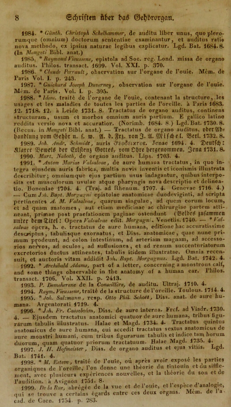 1984. * Günth. Christoph Schelhammer, de auditu über unus, quo plero- rumque (omnium) doctorum sententiae examinantur, ct auditus ratio nova mctliodo, cx ipsius naturac legibus explicatur. Lgd. Bat. 1684.8. (ln Mangeti Bibi, anat.) 1985. * Raymond Vieussens, epistola ad Soc. reg. Lond. missa de organo auditus. Philos. transact. 1699. Vol. XXI. p. 370. 1986. * Claude Pcrraultt Observation sur l’organe de l’ouie. Mem. de Paris Vol. 1. p. 243. 1987. * Guichurd Joseph Duverney, observation sur l’organe de l’ouie. Mem. de Paris. Vol. i. p. 395. 1988. * Idem. traitb de l’organe de l’ouie, contenant la structure, les usages et les maladics de toutes les partics de l’oreille. a Paris 1683. 12. 1718. 12. a Leide 1731. 8. Tractatus de organo auditus, continens structuram, usum et niorbos omnium auri9 partium. E gallico latino reddita versio nova et accuratior, (Norimb. 1684. 8.) Lgd. Bat. 1730. 8. (Rccus. in Mangeti Bibi, anat.) — Tractatus de organo auditus, ober 2lb= Ijnnblung pom ©eD&amp;r n. f. tu. 21. b. Jrj. von 3- 21. OTifdjel. 23erl. 1732. 8. 1989. Joh. ,-indr. Schmidt, auri9 xJsuSsixros. Jcnae 1694. 4. S)fUtfd) t klarer SBeivetß ber Grxtftenj ©otteß, vom Obre bergenommen. %cna 1731.8. 1990. Mart. Naboth, de organo auditus. T.ips. 1703. 4. 1991. * Anton Mariae Galsaluae, de aurc humana tractatus, in quo In- tegra ejusdem auris fabrica, multis novis inventi9 ct iconismis illustrata describiturj omniumque ejus partium usus indagantur, quibus interpo- sit« est musctilorum uvulac atque pharyngis nova descriptio et dclinea- tio. Bononiae 1704. 4. (Traj. ad Rhcnum. 1707. 4. Genevae 1716. 4.) — Cum J&gt;h. Bapt. Morgagni epistolae anatomicae duodeviginti, ad scripta pertinentes 4. M. Vuhalvae, quarum singulae, ad quem corum locum, et ad quam anatomes , aut etiam medicinac ac chirurgiae partem atti- neant, primae post praefationem paginae ostendunt (23ftbcß jufflttimen Unter bem ititel: Opera Gulsalvae edit. Morgagni. Venetiis. 1740. — * Gal- salvae opera, h. e. tractatus de aure humana, editione hac accuratissime descriptus , tabulisque exornatus, et üiss. anatomicae, quae nunc pri- mum prodeunt, ad colon intestinum, ad arteriam magnam, ad accesso- rios nervös, ad oculos , ad suffusiones , et ad renum succenturiatorum exeretorios ductus attinentes, tabulis itidem illustratae. Omnia reccn- suit, ct auctoris vitam addidit Joh. Bapt. Morgagnus. Lgd. Bat. 1742. 4. 1992. * Archibali sldams, pari of a lettcr, concerning a monstrous calf, and some things observable in the anatomy of a human car. Philos. transact. 1706. Vol. XXII. p. 2413. 1993. P. Demeherenc de la Conseillire, de auditu. Ultra). 1710. 4. 1994. Raym. Vieussens, trait6 de la structure de l’oreille. Toulous. 1714. 4. 1995. * Joh. Salzmann, resp. Otto Phil. Schott, Diss. anat. de aurc hu- mana. Argentorati 1719. 4. 1996- * Joh. Fr. Cassebohm, Diss. de aure interna. Frcf. ad Yiadr. 1730. 4. Ejusdem tractatus anatomici quatuor de aurc humana, tribus figu- rarum tabulis illustratus. Halae et Magd. 1734. 4- Tractatus quintus anatoxnicus de aure humana, cui accedit tractatus sextus anatomicus de aure monstri humani, cum tribus figurarum tabulis et indice tarn horum duorum, quam quatuor priorum tractatuum. Halae Magd. 1735. 4. 1997. J. //. Hofmeister, Diss. de organo auditus et ejus vitiis. Lgd. Bat. 1741. 4. 1998. * M. Esteve, traite de l’ouie, ou apres avoir expose les parties organiques de Porcille, Pon donnc une thcoric du tmtouin et ciu stfllc- ment, avec plusieurs cxpericnces nouvcllcs, ct la thöoric du son et de Paudilion. a Avignon 1751. 8. , , 1999. De In Rue, abregee de la vue et de l’ouic, et 1 espcce d analogic, qui se trouve a certains tgards entre ccs dcux organs. Mem. de la. cad. de Caen. 1754. p. 283.