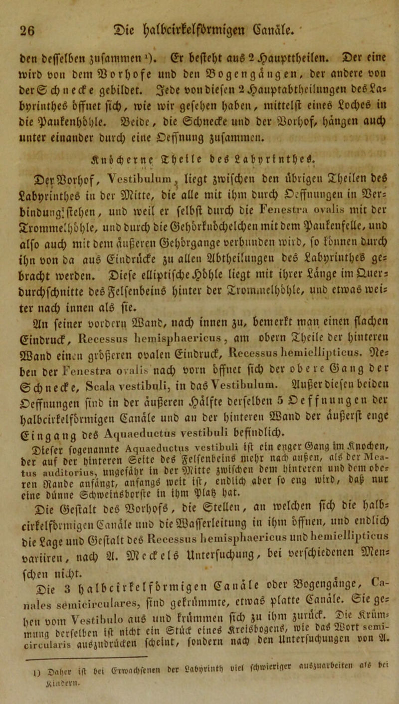 ben befleißen jufammen ')• Gr befielt aug 2 JgxtupttbeHftt. Ser eine »vivb oon bem Borflofe imb ben Bogengdugen, bev atiberc t?on ber © d) u e cf e gebilbet. 3febe »oubiefcn 2 Jjpauptabtbeilungen beg Sa: bbrlntbeß bffuet ftcb, rote roiv gefeben haben, mittelfl eineg Sod?eg in bie spauf'enb&amp;ble. Beibc, bie @d;ttecfe utib ber Borbof, bangen audj unter einanber burd; eine Sefftiung jufammett. knöcherne S£t?c11c beg Sabhrintbeg. SerBorljof, Vestihulum, liegt jroifdjen ben übrigen Steilen beg Sabprintbeg in ber SDiitte, bie alle mit ibm bnreb Öeffnungen in 93er: binbuttg!(leben, utib roeil er fclbfl bnreb bie Fenestra ovalis mit ber Sronimelbbbte, unb burd? bie ©ebbrfubd;eld;en mit bem ^anfenfelle, unb alfo aud) mit bem äußeren ©el/organge oerbunben roirb, fo fontten bureb tbn oon ba aug ©inbrüefe 31t allen Abteilungen beg Sabprintbe'g ge: braebt werben. Siefe elliptifd)e Jobbte liegt mit ihrer Sange im Quer3 burcbfd;nitte beggelfenbeittg hinter ber Srottuuelgbble, unb etroagroei: ter nad) innen alg fte. An feiner oorbcrti üßanb, nad; innen 3U, bemerft matt einen flachen ©inbruef, llecessus hemisphaericus, am oberti übeile ber hinteren SBanb einen größeren ooalen Ginbrucf, Recessus hemiellipticus. Met beit ber Fenestra ovalis nad) bortt öffnet ftd) ber obere ©ang ber ©djnecfe, Scala vestibqli, in bag Vestibulum. Außerbiefen beiben Qeffttungen fittb in ber äußeren Hälfte berfclben 5 £5cffnuttgen ber balbcirfelfbrniigen Gandle unb an ber hinteren SBanb ber dußerjt enge Ging ang beg Aquaeductus vestibuli beft'nblid;. ®lcfer fogenannte Aquaeductus vestibuli ift cltt enger ©ang int .ßnodjen, ber auf Der hinteren ©eite beg gelfcnbelnß mehr nach außcn, alg Der Mca- tus auditorius, ungefähr in ber Witte jnüfeben bent hinteren unb bent obe* ren Otanbc anfängt, anfangg tnclt iß, enbltch aber fo eng tutrb, baß nur eine bünne ©chtocingborße in il)nt ipiab bat. Sie ©eflalt beg Borbofö, bie ©teilen, an weiten fü&amp; bie fall* cirfelformigcn ©anale unb bie fflafierleitung in ihm offnen, unb cnblid) bie Sage unb ©eflalt beg Recessus hemisphaericus unbhemieJJipticus »ariireu, nad; A. 9)?ecfclg Unterfuc&amp;ung, bei »erfebicbenen fc: fd)en uid)t. , Sie 3 balbcirfelfbrniigen ©anale ober Bogengänge, ta- nales sömicirculares, ftnb gefrümmte, etroag platte ©anale, ©ie ge: heu 00m Vestibüle aug unb frütumen ftd) ju ihm jurüit. £tc älvitim imtua berfclben iß nicht ein ©tuet cincg Jtreigbogeng, »le bag 2Bort scmi- Scularis «ueiiibrücten Weint, fonbern nach ben Unterfuchungen oon 9t. 0 Daher tft fei <*vnxubftnen ber Sab.jriuth uiet fchn'ierincr «ubjuflr&amp;eiten <>»* bei iUnferti.
