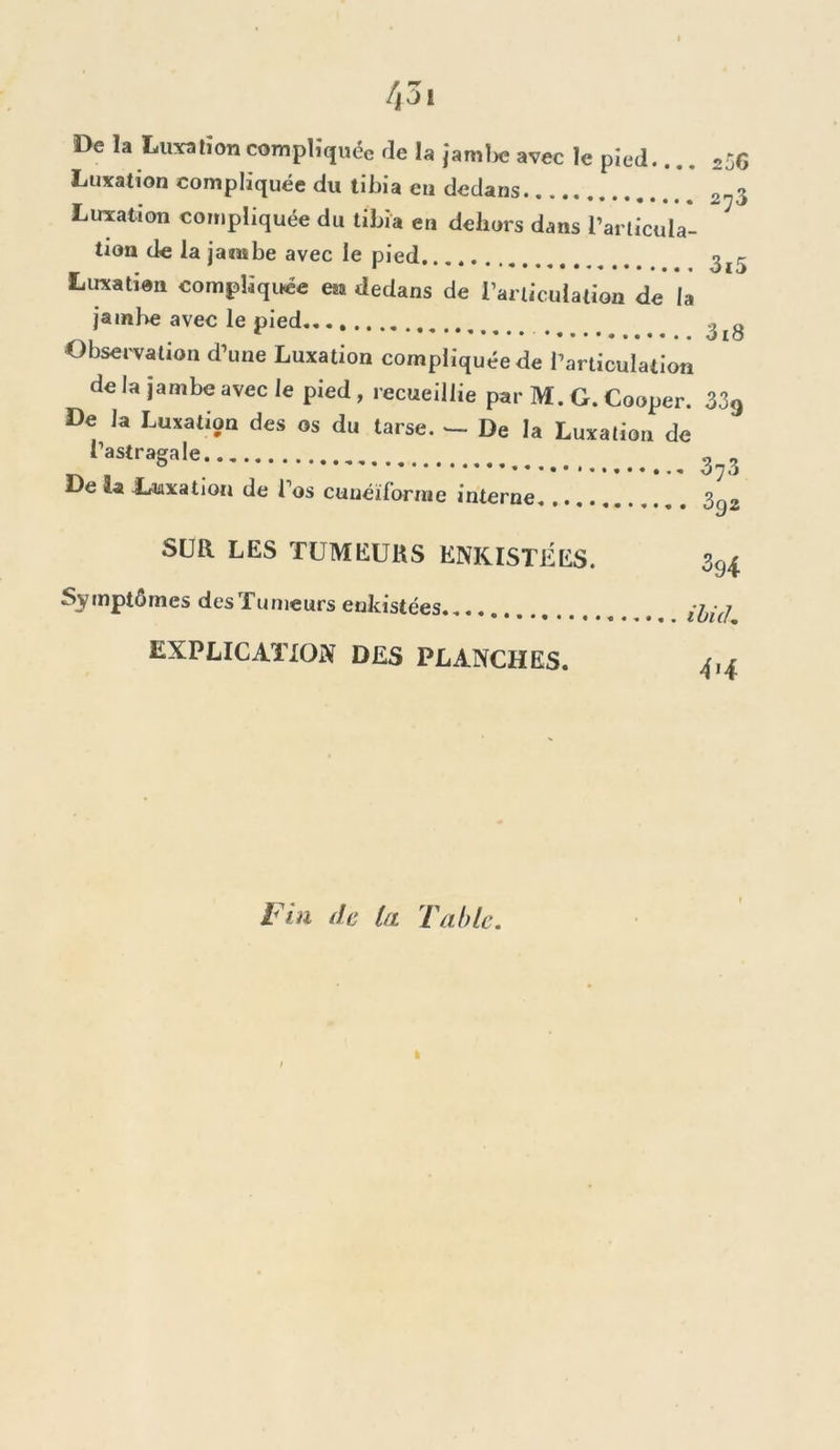 De la Luxation compliquée de la jambe avec le pied.... 25G Luxation compliquée du tibia eu dedans 2^3 Luxation compliquée du tibia en dehors dans l’articula- tion de la jambe avec le pied 3i5 Luxation compliquée esa dedans de l’articulation de la jambe avec le pied ^ g Observation d’une Luxation compliquée de l’articulation de la jambe avec le pied, recueillie par M. G. Cooper. 339 De Ja Luxation des os du tarse. — De la Luxation de l’astragale 33 De îa Luxation de l’os cunéiforme interne S^2 SUR LES TUMEURS ENKISTÉES. 394 Symptômes des Tu meurs enkistées.. ^ -^(j EXPLICATION DES PLANCHES. 4.4 Fin de la Table.