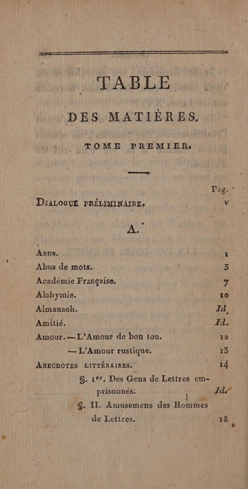 TABLE DES MATIÈRES. TOME PREMIER, mnt Pag. * Drarocu£ PRÉLIMINAIRE, v A. Atrat | £ Abus de mots. Académie Française. Alchymie. ‘30 Almanach. Id Amitié. tra | Id. Amour. L’Amour de bon ion. 12e | — L'Amour rustique. 13 ANECDOTES LITTÉRAIRES. ee”: S. 1°. Des Gens de Lettres em- prisonnés. ; } F. Id $. II. Amusemens des Hommes de Lettres. RG