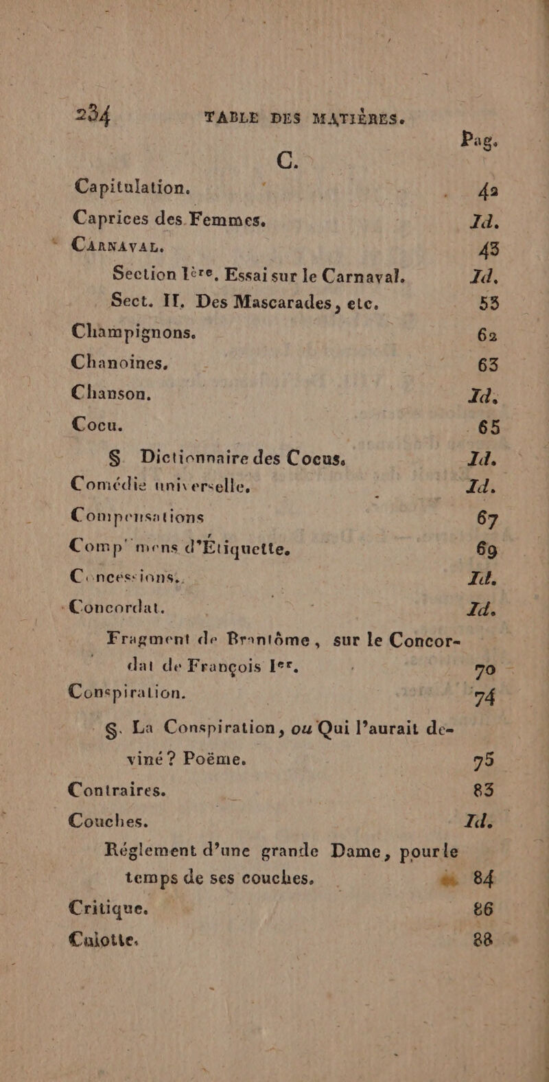 Pag, C. Capitulation. ; RER Caprices des Femmes. Id. Canvavaz. 43 Section 1ère, Essai sur le Carnaval. Id, Sect. IT, Des Mascarades , etc. 53 Champignons. 62 Chanoines, D Chanson. Id, Cocu. 65 S Dictionnaire des Cocus, Id. Comédie universelle, ù Id. Compensations 67 Comp' mens d'Étiquette, 69 Concesions.. I, -Concordat. Id. Fragment de Brantôme, sur le Concor- dat de François Ier, 70 Concpiralion. ‘74 &amp;. La Conspiration, ou Qui l’aurait de- viné ? Poëme. 75 Contraires. ï 83 Couches. | Id. Réglement d’une grande Dame, pourle temps de ses couches, | « 84 Critique. 86 Culotte. 88 à» … Sant