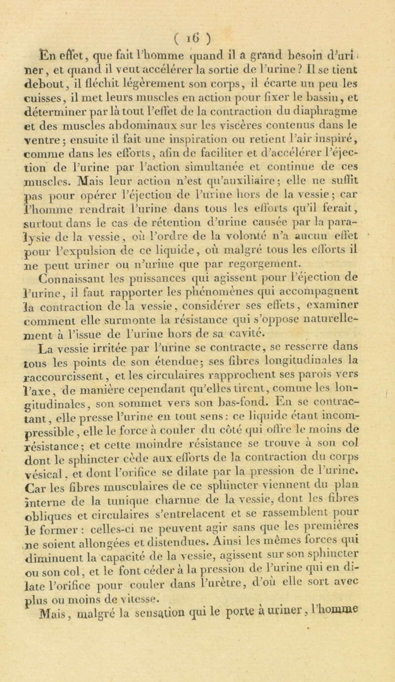 En effet, que fait l’homme quand il a grand besoin d'uri ; ner, et quand il veut accélérer la sortie de l’urine ? Il se lient debout, il fléchit légèrement son corps, il écarte un peu les cuisses, il met leurs muscles en action pour fixer le bassin, et déterminer par là tout l’effet de la contraction du diaphragme et des muscles abdominaux sur les viscères contenus dans le ventre; ensuite il fait une inspiration ou retient Pair inspiré, comme dans les efforts, afin de faciliter et d’accélérer l’éjec- tion de l’urine par l’action simultanée et continue de ces muscles. Mais leur action n’est qu’auxiliaire ; elle ne suffit pas pour opérer l’éjection de l’urine hors de la vessie; car l’homme rendrait l’urine dans tous les efforts qu’il ferait, surtout dans le cas de rétention d’urine causée par la para- lysie de la vessie, où l’ordre de la volonté n’a aucun effet pour l’expulsion de ce liquide, où malgré tous les efforts il lie peut uriner ou n’urine que par regorgement. Connaissant les puissances qui agissent pour l’éjection de l’urine, il faut rapporter les phénomènes qui accompagnent la contraction de la vessie, considérer ses effets, examiner comment elle surmonte la résistance qui s’oppose naturelle- ment à l’issue de l’urine hors de sa cavité. La vessie irritée par l’urine se contracte, se resserre dans tous les points de son étendue; ses fibres longitudinales la raccourcissent, et les circulaires rapprochent ses parois vers l’axe, de manière cependant qu’elles tirent, comme les lon- gitudinales, son sommet vers son bas-fond. En se contrac- tant, elle presse l’urine en tout sens: ce liquide étant incom- pressible , elle le force à couler du coté qui offre le moins de résistance; et cette moindre résistance se trouve à son col dont le sphincter cède aux efforts de la contraction du corps vésical, et dont l’orifice se dilate par la pression de l’urine. Car les fibres musculaires de ce sphincter viennent du plan interne de Ja tunique charnue de la vessie, dont les fibres obliques et circulaires s’entrelacent et se rassemblent pour le former : celles-ci ne peuvent agir sans que les premières ne soient allongées et distendues. Ainsi les mêmes forces qui diminuent la capacité de la vessie, agissent sur son sphincter ou son col, et le font céder à la pression de l’urine qui en di- late l’orifice pour couler dans l’uretre, d où elle soit avec plus ou moins de vitesse. # Mais, malgré la sensation qui le porte a uriner, 1 homme