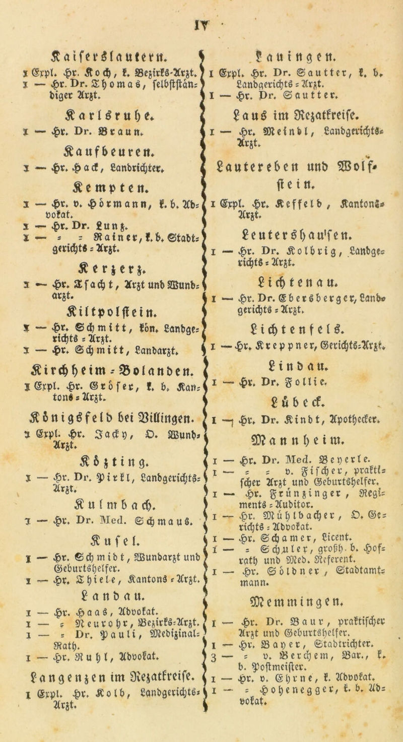 Mf W IT • i — £r. Dr. Z\) oma ö, fclbffcfläns % — v£&gt;t. Dr. Staun. Äaufbeureit. i — «§t, £ a cf, Canbricijtet, $ e m p t e it. i - ^r. ». ^örmann, E. b. tfb; t&gt;o?at. — $r. Dr. £un $. — = r Sfainet, f.b, ©tabt; geridjt«; 2Crjt. £ e r j c r $. £ &lt;t u t tt g e tt. ßanbgeridjt«; 2(rjt. i — 4?t. ffileinb l, Canbgericfjta* *t*t. *• £autere6en uni) 5Bolf* fl e in. i £r. Äeffelb , ÄantonJs 2Ct*t. Seutergfyau'fett. i — £t. Dr. Äolbrig, Canbgcc ridjts * 3 £ f a ^ t, 2ftjt unb 2Bunb; arst. i Äütpolfiettt. | % — 4?r. © dj m i11, Eon, Canbge; 7 rtdjtö s Ttrjt. S 3 — £r. ©$mitt, Canbarjt S 1 21 c$ t c n a u. — $r. Dr. ©betSbergcr,Canb» geriet« s Ärjt. 2 i cf) t e n f e i ß. — £t, $ t e p p n c r, ©etidfjts^v^. Äird)f)eim -- 33oUnben. löicpl. £r. ©rofet, ?. 6. ßaitj1 ton« s 2trjt. i $Sntg£felb bei 33tttmgett. 3 @xpt. £r. SacEp, £&gt;. SQSunb»! *r*t. 7 $ 6 g t i n g, 4 j — v^r. Dr. «pttEl, Canbgm'ditS:S 3trit. * Ä u ( m &amp; a cf). | 1 — £r. Dr. Med. ©djmauS. ^ $ u f e I. 4 I — Jpt. © d) m t b t, SBunbarjt unb ; GScPurtö^etfei:. t i — $r, Ztyiete, Äantonä t%xit. 4 2 a ti t) a ». ? i — $r. ^&gt;aa«, 2£booEat. ? i— ? 91 cur ob«/ »ciicfSsÄtit. 7 l — = Dr. *p a u 11, ffllebtjinals * «Hatp. J I — £t, 92 u b l, 2tbüofat. ) 2 a n 9 e n $ c n im Üvejatfrcife. 2 i ©tpi. £v. Äolb, CanbgetidjtS* 4 2trgt. S Einbau, i •— £t, Dr, g o 11 i e. 2 (i 6 e cf. I —j Jqu Dr. Äinbt, 2fpotb)Ccfcr, 00? a tt it () e i nt. i — £r. Dr. Med. Sepette- i — ; s t&gt;. gifdjer, praftfs fcbct 2Crjt unb ©ebuttöljelfer. i — |&gt;t. grunjinget, 9?egi= ment« 12Cubttor. i — ^&gt;r. SOiübtbacber, SD, ©es ridjt«: 2£boo!at. i — £r. ©djanicr, Cicent. i —■ = &lt;55 d;ail«r, gvo{jf)-b. *&amp;ofs ratb unb 9}2eb. Referent, i: — ^)v. ©olbnet, ©tabtamts mann. Lemminge n. i — £r. Dr. Saut, prafttfd&gt;et 2tvjt unb ©eburtäbetfer. i — #v. Sapet, ©tabivicbter. 3— s u, Serenem, Sat., b. ^oftmeiftev. i — ^)t. o. ©t)vne, f. 2(boo!at. i— : ^&gt;ob«negget, t b. 22b; »ofat.