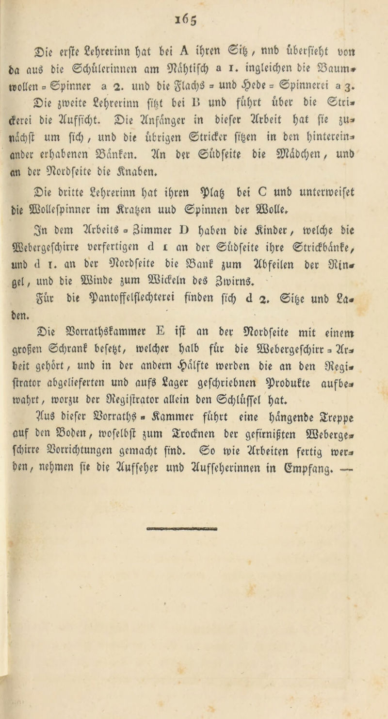 Sie crffc ßehretinn hat bei A ihren Sifc, mib überfteht von ha au$ bic (Schülerinnen nm 5^af)ttfd? a i. ingleichen bie Saum# «ollen = Spinner a 2. unb bic $lad)3 = unb ^>ebc = Spinnerei a 3. Sie jmeite Sehrerinn fifct bei B unb fuhrt über bie Stri* eferei bie 2fuffid;t. Sie Anfänger in biefer Arbeit hat fl« SU* ndd)fi um ft'd;, unb bie übrigen Stricfer filmen in ben hinterem* anber erhabenen SSdnfcn. 2fn ber Sübfeite bie Stäbchen, unb ein ber 92orbfeitc bie Änaben. Sie britte Sehretinn hat ihren ^Mafc bei C unb untermeifet bie Sßollefpinncr im Ärafcen uub Spinnen ber SOBolle, Sn bem 2frbeü$ =» 3immet D haben bie Äinber, «eiche bie SBebergefchirre verfertigen d i an ber Sübfeite ihre Stricfbdnfe, unb <1 r. an ber 92orbfeite bie S3anf jum 2fbfeiten ber 9ftn* gel , unb bie 5öinbe jum SGBicfeln be$ 3«itn$. $üt bie ^antoffelflechterei finben ftch d 2. Sifcc unb ßa* ben. Sie Vorratskammer E ifl an ber 9?orbfeite mit einem großen Sd)ranf befefct, welcher halb für bie 5ßebergefdE)itt * 2fr* beit gehört, unb in ber anbern Jpdlfte «erben bie an ben CRegi* flrator abgelieferten unb aufg Saget gefchriebnen $>robufte aufbe* «ahrt, worju ber 9eegij!rator allein ben Schlüffel hat. ?fu3 biefer Vorrätig » Kammer führt eine hangenbe kreppe cuf ben Voben, «ofelbft jum Srocfnen ber gefirnißten SBeberge* fchirre Vorrichtungen gemadjt ftnb. So «ie 2frbeiten fertig «er* ben, nehmen fic bie 2fuffeher unb 2fuffeherinnen in Grmpfang. —