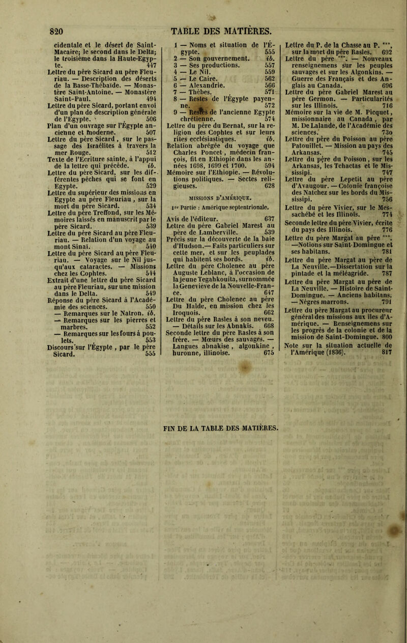 cidentale et le désert de Saint- Macaire; le second dans le Delta; le troisième dans la Haute-Egyp- te. 447 Lettre du père Sicard au père Fleu- riau. — Description des déserts de la Basse-Thébaïde. — Monas- tère Saint-Antoine. — Monastère Saint-Paul. 494 Lettre du père Sicard, portant envoi d’un plan de description générale de l’Egypte. ■ , 506 Plan d’un ouvrage sur l’Egypte an- cietine et fnoderne. 607 Lettre du père Sicard , sur le pas- sage des Israélites à travers la mer Rouge. . 512 Texte de l’Ecriture sainte, à l’appui de la lettre qui précède. ib. Lettre du père Sicard, sur les dif-- fércntes pêches qui se font en Egypte. 529 Lettre du supérieur des missions en Egypte au père Fleuriau, sur la mort du père Sicard. 6-34 Lettre du pcre TrelTond, sur les Mé- moires laissés en manuscrit par le père Sicard. 539 Lettre du père Sicard au père Flcu- riau. — Relation d’un voyage au montSinaï. 540 Lettre du père Sicard au père Fleu- riau. — Voyage sur le Nil jus- qu’aux cataractes. — Missions chez les Gophtes. 544 Extrait d’une lettre du père Sicard au père Fleuriau, sur une mission dans le Delta. 549 Réponse du père Sicard à l’Acadé- mie des sciences. 550 — Remarques sur le Natron. ib. — Remarques sur les pierres et marbres. 552 — Remarques sur les fours à pou- lets. , 553 Discours'sur l’Egypte , par le père Sicard. àô5 1 — Noms et situation de l’É- gypte. 555 2 — Son gouvernement. ib. 3 — Ses productions. 557 4 — Le Nil. 559 5 ^ Le Caire. 562 6 — Alexandrie. 566 7 — Thèbes. , 57'1 8 — Restes de l’Egypte payen- ne. - 572 9 — Res“s de l’ancienne Egypte chrétienne. 674 Lettre du père du Bernat, sur la re- ligion des Gophtes et sur leurs rites ecclésiastiques. ib. Relation abrégée du voyage que Charles Poncct, médecin fran- çois, fit en Ethiopie dans les an- nées 1698, 1699 et 1700. .594 Mémoire sur l’Ethiopie. — Révolu- tions politiques. — Sectes reli- gieuses. 628 MISSIONS d’AMÉRIQUE. l« Partie : Amérique septentrionale. Avis de l’éditeur. 637 Lettre du père Gabriel Marest au père de Lamberville. 539 Précis sur la découverte de la baie d’Hudson.— Faits particuliers sur cette mer, et sur les peuplades qui habitent ses bords. ib. Lettre du père Cholenec au père Auguste Leblanc, à l’occasion de la jeune Tegahkouita, surnommée la Geneviève de la Nouvelle-Fran- ce. 647 Lettre du père Cholenec au père Du Halde, en mission chez les Iroquois. 662 Lettre du père Rasles à son neveu. — Détails sur les Abnakis. 668 Seconde lettre du père Rasles à son frère. — Mœurs des sauvages. — Langues abnakise , algonkine , huroune, illinoise. 675 Lettre du P. de la Chasse au P. sur la mort du père Rasles. 692 Lettre du père ***. — Nouveaux renseignemens sur les peuples sauvages et sur les Algonkins. — Guerre des Français et des An- glais au Canada. 696 Lettre du père Gabriel Marest au père Germon. — Particularités sur les Illinois. 716 Mémoire sur la vie de M. Picquet, missionnaire au Canada, par M. De Lalande, de l’Académie des sciences. 73o Lettre du père du Poisson au père Patouillet. — Mission au pays des Arkansas. 745 Lettre du pçre du Poisson, sur les Arkansas, les Tchactas et le Mis- sissipi. 747 Lettre du père Lepetit au père d’Avaugour. —Colonie françoise des Natchez sur les bords duMis- sissipi. 756 Lettre du père Vivier, sur le Mes- sachébé et les Illinois. 774 Seconde lettre du père Vivier, écrite du pays des Illinois. 776 Lettre du père Margat au père ***. —Notions sur Saint-Domingue et ses habitons. 781 Lettre du père Margat au père de La Neuville.—Dissertation sur la pintade et la méléagride. 787 Lettre du père Margat au père de La Neuville. — Histoire de Saint- Domingue. — Anciens habitons. — Nègres marrons. 791 Lettre du père Margat au procureur général des missions aux îles d’A- mérique. — Renseignemens sur les progrès de la colonie et de la mission de Saint-Domingue. 800 Note sur la situation actuelle de l’Amérique (1836), 817 FIN DE LA TABLE DES MATIERES,