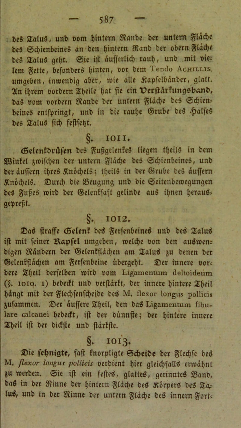 be$ £alu§, unb öom hintern 9tanbe bet untern Sldcb« beä ©djienbeineö an ben ^intern JKanb bet obern ^ldd)e beö SEaluS gebt. ©ie iji dufferlid) raub, unb mit t>ie= lern Sette, befonberS hinten, »ot bcm Tendo Achillis, umgeben, inroenbig aber, nne alte Äapfelbdnber, gtatt. 2fn ihrem oorbern 3:t?cilc bat fie ein r>ertf<Uftmgebanb, baS »om oorbern 9ianbc ber untern gldcbe be§ ©cbicm beineS entfpringt, unb in bie taul;e ©ruhe be3 £alfe$ bes SEaluö ficb feflfefet. §» IOII* (Belenfbrüfett be§ SujigclenfeS liegen tbeilS in bem ©infel jroifd;en ber untern ?5ldrf>e beS ©cbicnbeineS, unb ber duffem ibreS ÄnöcbelS; tbeil§ tn ber ©rubc be§ duffem Änocbelö. Durd) bie ^Beugung unb bie ©eitenberocgungen be$ gufjeS roirb ber ©elenffaft gelinbe au$ ihnen berau&amp; gepreßt. §* IOI2» Da$ firaffe (Seien! be$ SerfenbeineS unb beS £alu$ ift mit feinet Bapfel umgeben, roelcbe üon ben auSroem bigen Stdnbem ber ©elcnfflddjen am 2aluS ju benen ber ©elenffldcben am Serfenbeine übergebt. Der innere »or; bere 2beil berfelben roirb uom Ligamentum deltoideum (§. loxo. i) bebeeft unb uerjldrft, ber innere hintere &amp;beil bdngt mit ber Slecbfenfcbeibc beS M. flexor longus pollicis jufammen. Der duffere SEbeü, ben baö Ligamentum fibu- lare calcanei bebccft, tft ber bünnfte; ber hintere innere abeil ifl ber bicfjte unb fidrfjte. §* 1013, Die fefmigte, faft fnorpligte Scheibe ber Sledjfe be$ M. flexor longus pollicis »erbient bi« gleichfalls errodbnt ju werben, ©ie ift ein fefieS, glatteS, gcrinntcS «Sanb, baS in ber 9?inne ber hintern glädje beS ÄörperS beS SEa^ luS, unb in ber 9iinne ber untern Sldche beS innem Sott;
