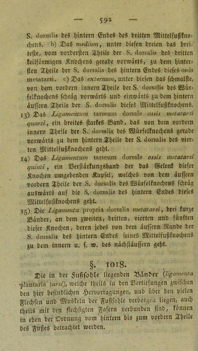 d)en§. b) 35aö medium, unter biefen breien bnö brei;' tefte, »om »otbetflen Steile ber S. dorsalis be3 britten feilformigen Än'odjenS gerabe »orwdrt$, gu bem i>inter= jten Sb.etle ber S. dorsalis beS bintcrn ßnbeö biefeö ossis metatarsi. c) 2}a§ extermim, unter biefen baS fcbmaljie, uon bem »orbem innern 2beüe ber S. dorsalis be$ 2ßür= felfnod)en§ fcbrdg »orrodrtö unb einwärts in bem ^intern duffem Sbrife bet S. dorsalis biefeS SDtittelfuftnocbenS. 13) £)a5 Ligamentum tarseum dorsale ossis metatarsi quarti, ein breitet flarfeS 23anb, baS non bem »orbem innern Sbeile bet S. dorsalis bcS SBürfelfnocbenS getabe »orwdrtö ju bem Ijintcrn Steile ber S. dorsalis be$ oier= ten 9ftittelfupfnod)en$ gebt. 14) £>Clö Ligamentum tarseum dorsale ossis metatarsi quinti, ein Verfldrfungsbanb ber baS ©elenf biefer Änod^en umgebenben Äapfel, welches non bem duffem uorbern 'üiijcih ber S. dorsalis beö SÖJürfelfnocbenS fd)rag auswärts auf bie S. dorsalis be§ l;intern 6nbe§ biefcä SÖtittelfufffnocbenö gebt. 15) £>ie Ligamenta propria dorsalia metatarsi, brei furje SSanber, an bem jweiten, britten, vierten unb fünften biefer Änocben, beren jebeS non bem duffem JRanbe ber S. dorsalis beS b»ntern feines SRittelfupfnocbenS ju bem innern u. f. w. beS ndcbftduffern gebt. §* XOI8. ®te in ber Suftfohl» liegenben :3ditber {ligamenta 'plantaria tarsi), welche tbeitS in ben Vertiefungen jwifeben ben l;icr beftnblid;en £eroorragungen, unb über ben vieler» glccbfcn unb SJtuSfeln ber gupfoble »erborgen liegen, auch tbcilö mit ben flccbfigten gafem uerbunben ftnb, tonnen in eben ber Krönung »orn bintern bis jum oorbern ZfyeiU beS gupeS betrachtet werben.