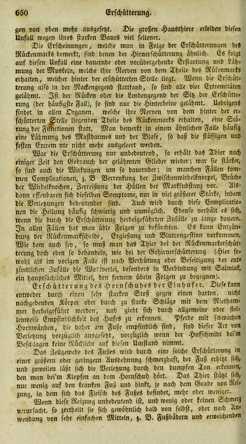 gen von oben mehr aubgefefct. Sie großen ^)au^tt)tere etleiben biefen Unfall »egen ibreb färben 33aueb viel fellener. Sie ©rfd)einungen , welche man in §olge bet ©rfchütterttngen beb 9?ü<frnmarbb bemerbt, ftnb benen bet Hirnerfd)üttemng ahnlid). ©$ folgt auf biefen Unfall eine bauernbe ober »orübergehenbe ©rfamtng unb £dh; mung ber SDZu^feln, weldje ifjve Heroen von bem Stjeile beb 9?u!enmatfb erhalten, Weld)er hinter ber erfd)ütterten ©teile liegt. 2Bentt bic ©rfebüt* terung alfo in ber fftacbengegenb fattfanb, fo ftnb alle vier ©»tremitaten gelahmt. 3ft ber Oiücben ober bte Senbengegettb bet ©ifc ber ©rfebüttes rung (ber hnttftgfie Sali), fo ftnb nur bie Hinterbeine gelahmt. Uebrigenb ft'nbet in allen Srganen, »eiche ihre Heroen non bem hinter ber ers fdjutterten ^Stelle liegenben Sheile beb fKücbenmarbb erhalten, eine ©to» tung ber Sttnctionen faft. 5Äan bemerbt in einem ähnlichen Salle häufig eine ßdhmung beb SDfafbamteb unb ber SSlafe, fo baß bte füfftgen unb feflen ©»crem nte nid)t mehr aubgeleert »erben. ffBar bie ©rfd)ütteutng nur unbebeutenb, fo erhalt bab Ubier nad) einiger geit ben ©ebraud) ber gelahmten ©lieber »ieber; »ar ftc fdrber, fo ftnb auch bie SBirbungen um fo bauernber; in mand)en Sollen bom* men ©omplicationen, j. S3 fßerrenbung ber gwifbettwirbelbnorpel, SSrüche ber 2Bitbelbnod)en, Serreißung ber Hallen ber Sftarbfttbfanj vor. 311b- bann offenbaren fid) biefelben ©omptome, nur in viel größerer ©tarbe, inbem bie fBerlehungett bebeutenber ftnb. '2luch »irb burch biefe ©omplicatio* nen bie Teilung häufig fdfvierig unb unmogltd). ©benfo »erhalt eb fich, »enn bie burch bie ©rfd)ütterung heubeigeführten Sufalle ju lange bauern. Sn allen fallen h«t man üble Solgen ju befürchten, ©b bann ©ntjün* bttng bet 9iü<fenmarbfd)cibe, ©rgteßttng unb SSlutcongefTiort »orbommen. 5ßie bem auch fep, fo muß man bab Ubior bei ber 9tücfenmarferfd)üt* terung hoch eben fo behanbeln, »ie bei ber ©ebimerfebütterung (Hier fo* »ol)l alb im »origen Solle ift nach Verhütung ober SSefeitigung ber ent* günblidjen 3ufälle bie SGßoMücrlei, befonberb in fßerbinbttng mit ©almiab, ein hauptfdd)lid)eb SRittel, ben fernem Übeln Solgen ju begegnen), ©rfd)ütterung beb Ho vn fchu heb ber ©in huf er. Siefe bann ent»eber burcl) einen fel)r färben ©toß gegen einen horten, nicht nachgebenben ÄSrper ober burch ju färbe ©dfdge mit bem 9?ictbam= mer herbeigeführt »erben, unb giebt fd) burd) allgemeine ober fei* lenweife ©mpfinblicbfeit beb Hltfeö 5lt erbennen. fPferbe mit febwadjen Horn»dnben, bie bähet am Süße empftnblid) ftnb, ftnb biefer 2lrt »on SSerlehung vorjüglid) attbgefefct, vorzüglich »enn ber HttftoHmibt beim S3efcl)lagen betne 9iücffid)t auf biefen Umfanb nimmt. Sab Zellgewebe beb Snßfb wirb burch eine foldje ©rfchütterung in einer großem ober geringem 'ilubbebnung fd)merjhaft, ber Snß erl)i&amp;t fth* uttb zuweilen laßt fd) bie fBerlefcung burch ben bumpfen Uott erbennen, ben man bei’m Ätopfen an bem H°nlf^u^ h^t. Sab Ulf« füfct fich/ nur wenig auf ben branben Suß »tb hinbt, je nad) bem ©rabe »on frei* jung, in bem fid) bab Sleifch beb Snßeb beftnbet, meljr ober weniger. ffßenn biefe 9icijitng unbebeutenb if, unb wenig ober feinen ©djnterj tt.-rutfacht, fo jcrtheilt fte fid) gewöhnlich halb »on felbf, ober nad) 3ln* »ettbung von feht einfachen Mitteln, §. S5. gußbfaem unb erweidjenbm