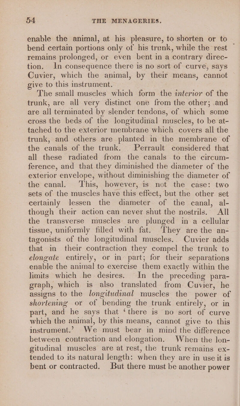 enable the animal, at his pleasure, to shorten or to bend certain portions only of his trunk, while the rest ~ remains prolonged, or even bent in a contrary direc- tion. In consequence there is no sort of curve, says Cuvier, which the animal, by their means, cannot give to this instrument. The small muscles which form the interior of the trunk, are all very distinct one from the other; .and are all terminated by slender tendons, of which some cross the beds of the longitudinal muscles, to be at- tached to the exterior membrane which covers all the trunk, and others are planted in the membrane of the canals of the trunk. Perrault considered that all these radiated from the canals to the circum- ference, and that they diminished the diameter of the exterior envelope, without diminishing the diameter of the canal. ‘This, however, is not the case: two sets of the muscles have this effect, but the other set certainly lessen the diameter of the canal, al- though their action can never shut the nostrils. All the transverse muscles are plunged in a cellular tissue, uniformly filled with fat. They are the an- tagonists of the longitudinal muscles. Cuvier adds that in their contraction they compel the trunk to elongate entirely, or in part; for their separations enable the animal to exercise them exactly within the limits which he desires. In the preceding para- graph, which is also translated from Cuvier, he assigns to the longitudinal muscles the power of shor rlening or of bending the trunk entirely, or in part, and he says that sven is no sort of curve which the animal, by this means, cannot give to this instrument.’ Wemust ‘beat in mind the difference between contraction and elongation. When the lon- gitudinal muscles are at rest, the trunk remains ex- tended to its natural length: when they are in use it is bent or contracted, But there must be another power