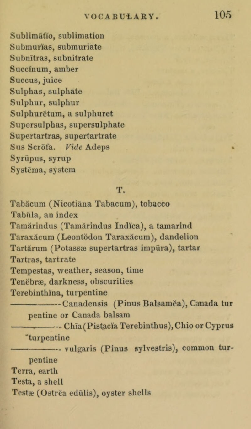 Sublimati'o, sublimation Submurlas, submuriate Subnitras, subnitrate SuccKnum, amber Succus, juice Sulphas, sulphate Sulphur, sulphur Sulphurotum, a sulphuret Supersulphas, supersulphate Supertartras, supertartrate Sus Scrofa. Vide Adeps Syrupus, syrup Systema, system T. Tabicum (Nicotiana Tabacum), tobacco Tabiila, an index Tam^rindus (Tamirindus IndTca), a tamarind Taraxiicum (Leontbdon Taraxilcum), dandelion Tartdrum (Potassae supertartras impura), tartar Tartras, tartrate Tempestas, weather, season, time TenCbrae, darkness, obscurities Terebinthlna, turpentine Canadensis (Pinus BalsamCa), Canada tur pentine or Canada balsam Chia(Pistacla Terebinthus), Chio or Cyprus 'turpentine vulgaris (Pinus sylvestris), common tur- pentine Terra, earth Testa, a shell Testae (OstrCa edulis), oyster shells