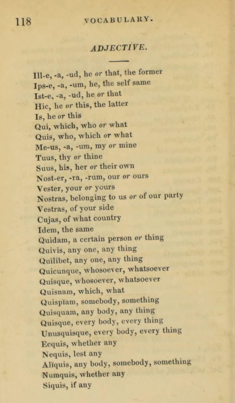 ADJECTIVE. 111-e, -a, -ud, he or that, the former Ips-e, -a, -um, he, the self same Ist-e, -a, -ud, he or that Hie, he or this, the latter Is, he or this Qui, which, who or what Quis, who, which or what Me-us, -a, -um, my or mine Tuus, thy or thine Suus, his, her or their own Nost-er, -ra, -rum, our or ours Vester, your or yours Nostras, belonging to us or of our party Vestras, of your side Cujas, of what country Idem, the same Quidam, a certain person or thing Quivis, any one, any thing Quilibet, any one, any thing Quicunque, whosoever, whatsoever Quisque, whosoever, whatsoever Quisnam, which, w’hat Quisplam, somebody, something Quisquam, any body, any thing Quisque, every body, every thing Unusquisque, every body, every thing Ecquis, whether any Nequis, lest any Allquis, any body, somebody, something Numquis, whether any Siquis, if any