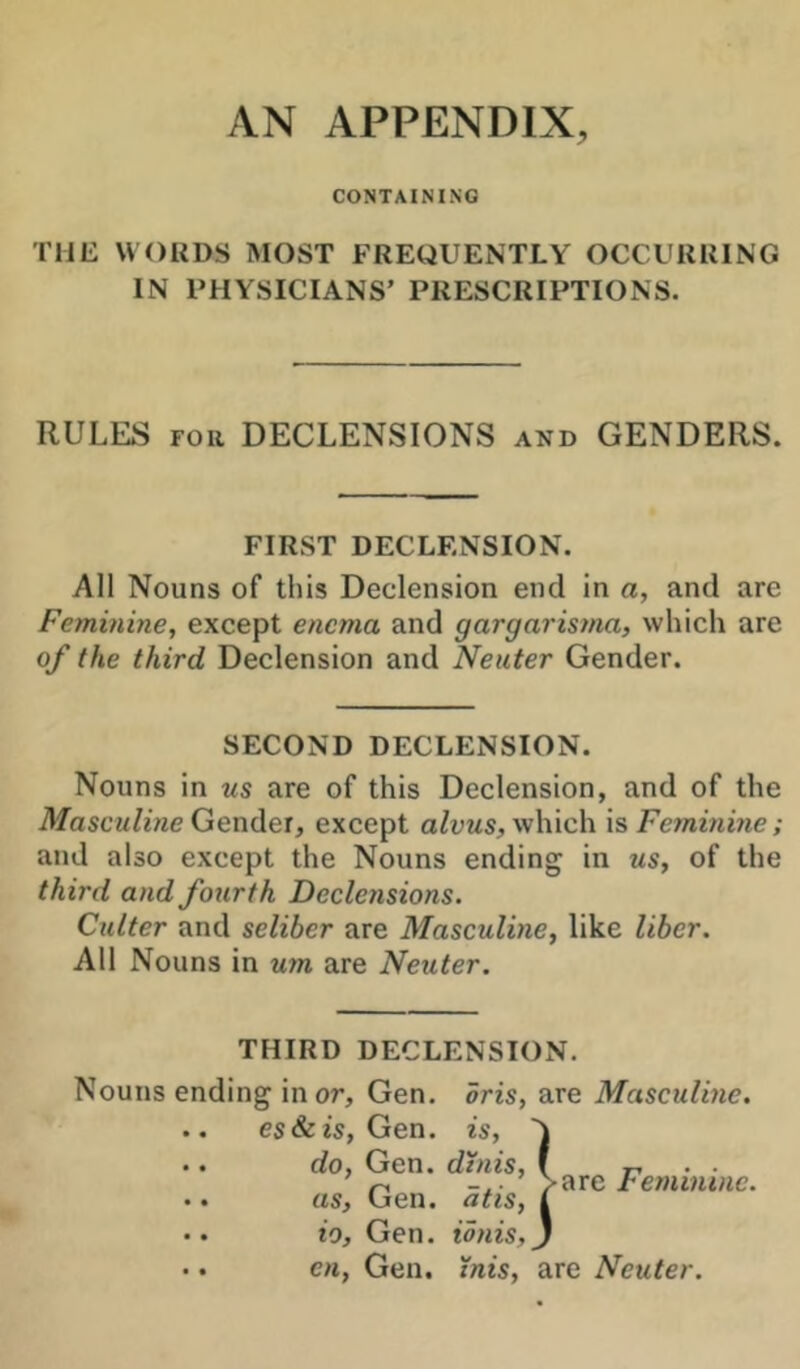 AN APPENDIX, CONTAINING Till: WORDS MOST FREQUENTLY OCCURRING IN PHYSICIANS’ PRESCRIPTIONS. RULES FOR DECLENSIONS and GENDERS. FIRST DECLENSION. All Nouns of this Declension end in a, and arc Feminine, except enema and gargarisma, which are of the third Declension and Neuter Gender. SECOND DECLENSION. Nouns in us are of this Declension, and of the Tlfascw/irte Gender, except a/uMS, which xs Feminme; and also except the Nouns ending in us, of the third and fourth Declensions. Culter and seliber are Masculine, like liber. All Nouns in um are Neuter. THIRD DECLENSION. Nouns ending in or, Gen. oris, are Masculine. es&is, Gen. is, A do, Gen. dhiis, { „ • • Vare renuninc. as, Gen. atis, I 10, Gen. idnis,j CH, Gen. inis, are Neuter.