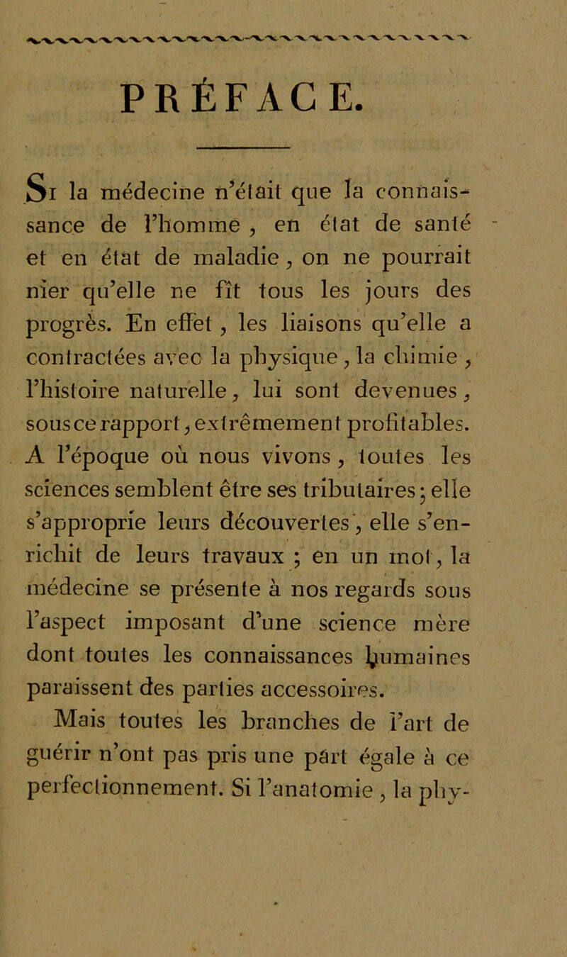 PRÉFACE. Si la médecine n’était que la connais- sance de l’homme , en état de santé et en état de maladie, on ne pourrait nier qu’elle ne fît tous les jours des progrès. En effet , les liaisons qu’elle a contractées avec la physique , la chimie ? l’histoire naturelle, lui sont devenues, sous ce rapport j extrêmement profitables. A l’époque où nous vivons , toutes les sciences semblent être ses tributaires • elle s’approprie leurs découvertes , elle s’en- richit de leurs travaux ; en un mot, la médecine se présente à nos regards sous l’aspect imposant d’une science mère dont toutes les connaissances humaines paraissent des parties accessoires. Mais toutes les branches de l’art de guérir n’ont pas pris une pârt égale à ce perfectionnement. Si l’anatomie , la phy-