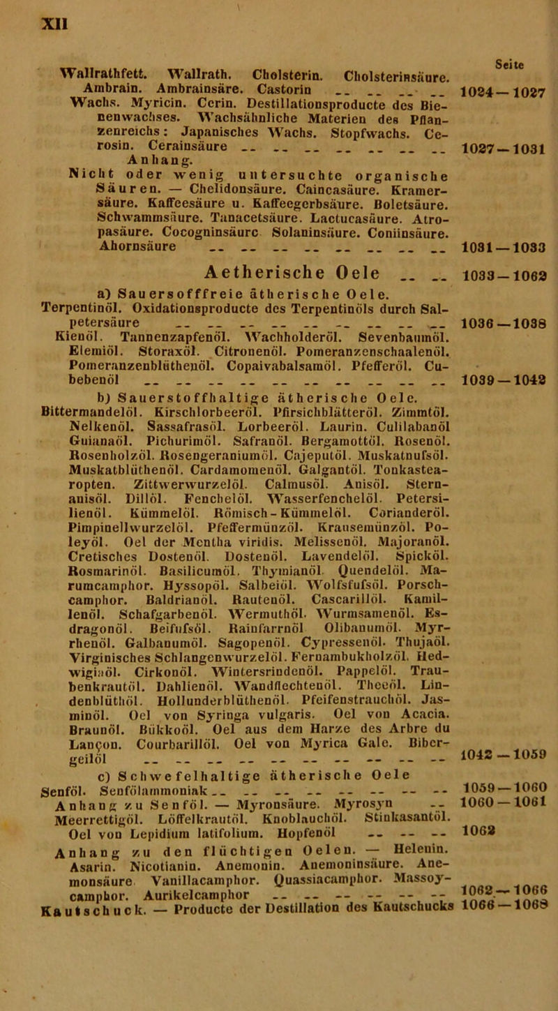 Xll Wallrathfett. Wallrath. Cholsterin. Cholsterinsäure. Ambrain. Ambrainsäre. Castorin Wachs. Myricin. Ccrin. Destillationsproducte des BiV- nenwachses. Wachsähnliche Materien des Pflan- zenreichs : Japanisches Wachs. Stopfwachs. Cc- rosin. Ceraiusäure __ _. __ Anhang. Nicht oder wenig untersuchte organische Säuren. — Chelidonsäure. Caincasäure. Kramer- säure. Kaffeesäure u. Eaffecgcrbsänre. ßoletsäure. Schwammsäure. Tanacetsäure. Lactucasäure. Atro- pasäure. Cocogninsäurc Solaninsäure. Coniinsäure. Ahornsäure __ __ __ __ Aetherische Oele a) Sau er s o fff r eie ätherische Oele. Terpentinöl. Oxidationsproducte des Terpentinöls durch Sal- petersäure .. __ __ Kienöl. Tannenzapfenöl. Wachholderöl. Sevenbamnöl. Elemiöl. Storaxöl. Citrouenöl. Pomeranzenschaalenöl. Poineranzenblütheuöl. Copaivabalsaraöl. Pfefferöl. Cu- bebenöl __ __ __ __ __ bj Sauerstoffhaltige ätherische Oele. Bittermandelöl. Kirschlorbeeröl. Pfirsichblätteröl. Zimmtöl. Nelkenöl. Sassafrasöl. Lorbeeröl. Laurin. Culilabanöl Guianaöl. Pichurimöi. Safranöl. Bergamottöl. Rosenöl. Rosenholzöl. Rosengeraniumöl. Cajeputöl. Muskatnufsöl. Muskatblüthenöl. Cardamomenöl. Galgantöl. Tonkastea- ropten. Zittwerwurzelöl. Calmusöl. Anisöl. Stern- auisöl. Dillöl. Fenchelöl. Wasserfenchelöl. Petersi- lienöl. Kümraelöl. Römisch - Kümmelöl. Corianderöl. Pimpinellwurzelöl. Pfeffermünzöl. Krausenninzöl. Po- leyöl. Oel der Mentha viridis. Melissenöl. Majoranöl. Cretisches Dostenöl. Dostenöl. Lavendelöl. Spicköl. Rosmarinöl. Basilicuraöl. Thymianöl Quendelöl. Ma- rumcamphor. Hyssopöl. Salbeiöl. Wolfsfufsöl. Porsch- camphor. Baldrianöl. Rautenöl. Cascarillöl. Kamil- lenöl. Schafgarbenöl. Wermuthöl. Wurmsamenöl. Es- dragonöl. Beifufsöl. Rainfarrnöl Olibanumöl. Myr- rhenöl. Galbanumöl. Sagopenöl. Cypressenöl. Thujaöl. Virginisches Schlangenwurzelöl. Feruambukholzöl. Hed- wigiaöl. Cirkonöl. WintersriDdenöl. Pappelöl. Trau- benkrautöl. Dahlienöl. Wandflechtenöl. Theenl. Lin- denblüthöl. Hollunderblüthenöl. Pfeifenstrauchöl. Jas- minöl. Oel von Syringa vulgaris. Oel von Acacia. Braunöl. ßükkoöl. Oel aus dem Harze des Arbre du Landen. Courbarillöl. Oel von Myrica Gale. Bibcr- geilöl -- — -- — -- c) Schwefelhaltige ätherische Oele Senföl. Senfölammoniak.- .. .. -- -- -- Anhang zu Senföl. — Myronsäure. Myrosjn Meerrettigöl. Löffelkrautöl. Knoblauchöl. Stinkasantöl. Oel von Lepidium latifolium. Hopfenöl -- -- Anhang zu den flüchtigen Oeleu. — Heleuin. Asarin. Nicotianin. Anemonin. Auemoninsäure. Ane- monsäure Vanillacainphor. Quassiacamphor. Massoy- campbor. Aurikelcamphor .. — -- -- -- -- Kautschuck. — Producte der Destillation des Kautschucks Seite 1024—1027 1027—1031 1031 — 1033 1033-1062 1036—1038 1039 — 1042 1042—1059 1059 — 1060 1060 — 1061 1062 1062—1066 1066 —1068