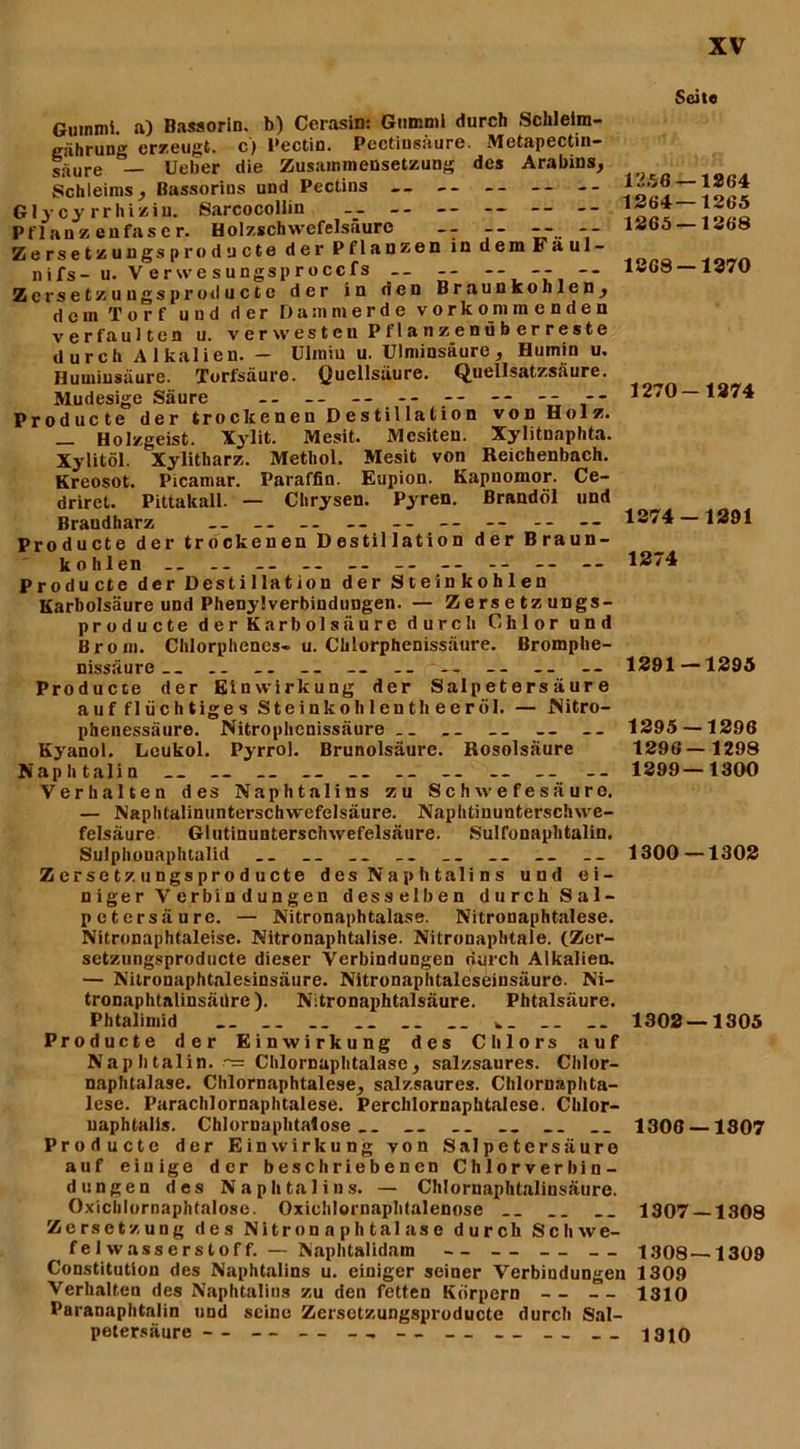 1270-1874 1874-1291 1291 — 1295 Seite Gummi, a) Bassorin. b) Cerasin: Gummi durch Schleim- eährun»- erzeugt, c) l'ectin. Pectinsäure. Metapectin- saUre Ueber die Zusammensetzung des Arabins, Schleims} Bassorins und Pectins -- -- -- -- -- Glycy rrhiziu. Sarcocolliu .. -- -- — -- -- }~™ Pflanzenfaser. Holzschwefelsauro -- -- -- -- l-ebö i«t»8 Zersetzungsproducte der Pflanzen in dem Faul- ^Qr,n nifs- u. Verwesungsproccfs — -- -- -- -- 1*68 — 1270 Zcrsetzuugsprcxlucte der in den Braunkohlen^ dem Torf uud der Damm erde vorkommenden verfaulten u. verwesten Pflanzenüberreste durch Alkalien. — Ulmiu u. Ulminsäure, Humin u. Huminsäure. Torfsäure. Quellsäure. Quellsatzsäure. Mudesigc Säure -- -- -- -- -- -- -- -- Producte der trock e n en D e s til la t io n von Holz. _ Holzgeist. Xylit. Mesit. Mcsiteu. Xylitnaphta. Xylitöl. Xylitharz. Metliol. Mesit von Reichenbach. Kreosot. Picamar. Paraffin. Eupion. Kapuomor. Ce- driret. Pittakall. — Chrysen. Pyren. Brandöl und Braudharz .. -- — -- -- — -- -- Producte der trockenen Destillation der Braun- kohlen -- -- -- -- -- -- -- -- -- 1274 Producte derDestillation der Steinkohlen Karbolsäure und Phenylverbindungen. — Zersetzungs- producte der Karbolsäure durch Chlor und Brom. Chlorphenes- u. Chlorphenissäure. Bromphe- nissäure __ .. -- .. — - - ■ — Producte der Einwirkung der Salpetersäure auf flüchtiges Steinko bient heeröl. — Nitro- phenessäure. Nitrophenissäure __ __ __ -- 1295 —1296 Kyanol. Leukol. Pyrrol. Brunolsäure. Rosolsäure 1296—1298 Naphtalin __ __ __ __ -- __ -- 1299—1300 Verhalten des Naphtalins zu Schwefesäuro. — Naphlalinimterschwefelsäure. Naphtinunterschwe- felsäure Glutinunterschwefelsäure. Sulfonaphtalin. Sulphonaphtalid .. __ __ __ __ 1300—1302 Zersetzungsproducte des Naphtalins und ei- niger Verbindungen desselben durch Sal- peter säure. — Nitronaphtalase. Nitronaphtalese. Nitronaphtaleise. Nitronaphtalise. Nitronaphtale. (Zer- setzungsproducte dieser Verbindungen durch Alkalien. — Nitronaphtalesinsäure. Nitronaphtaleseiusäure. Ni- tronaphtalinsäilre). Nitronaphtalsäure. Phtalsäure. Phtalimid __ .. __ . _ __ Producte der Einwirkung des Chlors auf N a p li talin. — Chlornaphtalase} salzsaures. Chlor— naphtalase. Chlornaphtalese, salzsaures. Chloruaphta- lese. Parachlornaphtalese. Perchlornaphtalese. Chlor- uaphtalls. Chlornaphtalose __ __ 1306 —1307 Producte der Einwirkung von Salpetersäure auf einige der beschriebenen Chlorverbin- dungen des Naphtalins. — Chlornaplitalinsäure. Oxichlornaphtalose. Oxichlornaphtalenose .. __ 1307 — 1308 Zersetzung des Nitronaphtalase durch Schwe- felwasserstoff. — Naphtalidam -- — — — 1308 1309 Constitution des Naphtalins u. einiger seiner Verbindungen 1309 Verhalten des Naphtalins zu den fetten Körpern — — 1310 Paranaphtalin und seine Zersetzungsproducte durch Sal- petersäure -- -- — - - -- __ __ __ __ 1310 1302 — 1305