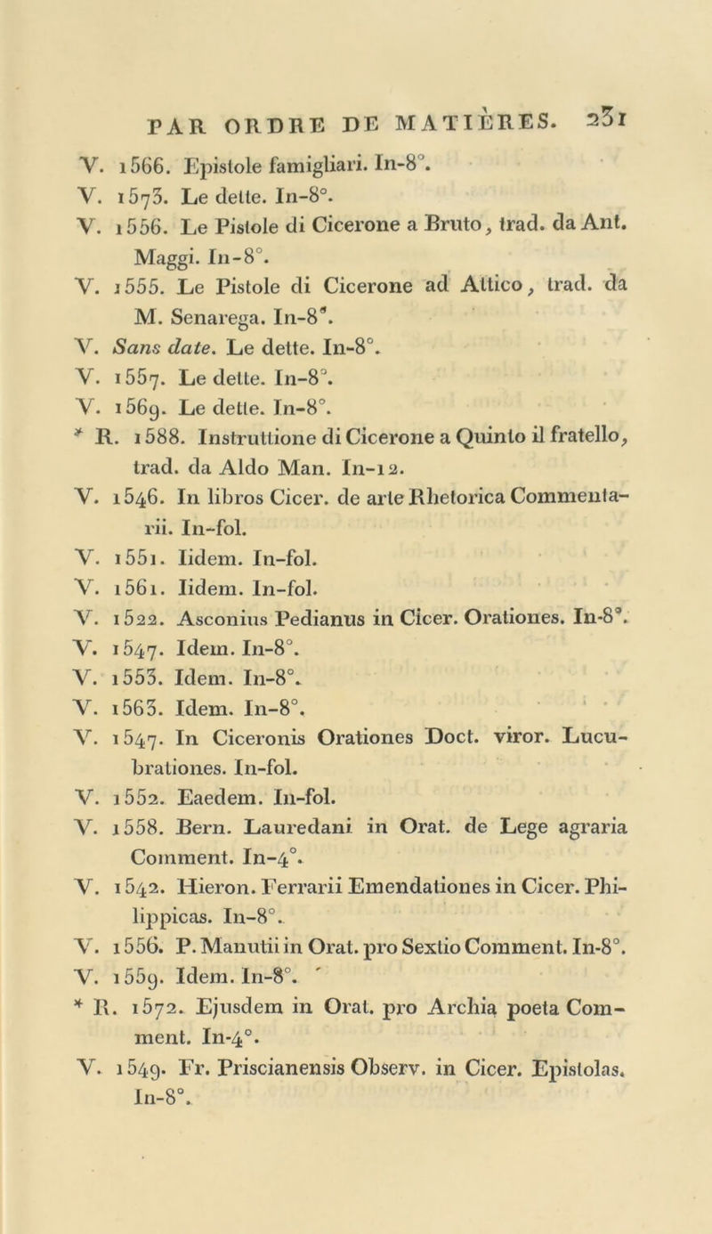 V. i562. Cic. Epislolae ad familiares. In-8°. V. 1566-67. Eaedem. In-8°. •V. 1571. Eaedem, cum Comment. P. Mariutii. In-8°. r V. 1672. Eaedem. In-8°. (Edition douteuse.) V. ibj5. Eaedem. In-8°. V. 1579. Eaedem. In-fol. V. i582. Eaedem. In-fol. C’est l’édition de 1 579 avec un nouveau tilre. V. 1515. Ciceronis Epislolae ad Atticum. In-8®. V. iÔ2i. Eaedem. In-8°. V. 1540. Eaedem, cum Scholiis P. Manutii. In-80.. V. 1542. Eaedem. (Édition douteuse.) V. 1644. Eaedem. In-8°. V. 1648. Eaedem. ln-8°. V. 1551. Eaedem. In-8®. V. 1554-55. Eaedem. In-8°. V. i558-59- Eaedem. In-8°. V. 1Ô61. Eaedem. In-80. V. i563. Eaedem. In-8°. V. i564- Eaedem. ln-8°. V. 1567. Eaedem. I11-80. V. 1570. Eaedem. In-8°. V. 1570. Eaedem. ex Bibl. Aldina. Tn-8°. V. i582. Eaedem, c. Coinm. P. Manutii. In-fol. V. i523. Ciceronis Opéra philosopliica. 2 vol. in-8°. V. i54i. Eadem. 2 vol. in-8°. V. 1546. Eadem. 2 vol. in-8°. V. i552. Eadem. 2 vol. in-8°. V. 1555-56. Eadem. 2 vol. in-80-. V. i56o. Eadem. 2 vol. in-8°. V. 1662. Eadem. 2 vol. in-8&. Y. 1565. Eadem. 2 vol. in-8’>.