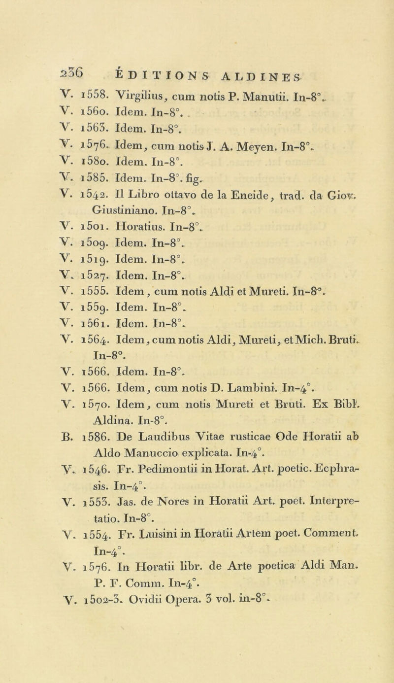 b. 1585. Aldi Manutii P. F. Oralio ad Sixtum v. In-fol. C’est mal-à-propos que dans l’autre volume j’ai placé cette pièce à l’année i583. * d^isae. 1587. Aldi Man. P. F. Oralio de Fr. Medices Laudibus. In-40. V. 1556. Arislolelis Poelica : gr. lat. In-8°. V. i5o5. Flovilegium Epigrammatum : graece. In-8’. V. i52i. Idem. gr. In-8°. V. i55o-5i. Idem. gr. In-8°. V. 1504. Homerus. gr. 2 vol. in-8°. V. Sans date. La même édition, dont les exemplaires sur vélin n’ont point de date. V. 1617. Idem. 2 vol. in-8°. V. i5a4. Idem. 2 vol. in-8°. V. 1521. Didymus et Porphyrius in Homerum : graece. In-8°. V. 1028. Didymus in Odysseam : graece. In-8°. V. Sans date. Quintus Calaber, Trypliiodorus, Colu- thus : graece. In-8°. V. 1495. Tlieocritus, Hesiodus, 8nc.gr. In-fol. V. i555. Moschi, Bionis, Theocriti Idyllia aliquot, ab Henr. Stephano. lat. facta. In-40. V. i5i5. Pindarus, Callimachus, Dionysius, Lyco- phron : graece. ïn-80. ' V. 1621. Apollonius Rhodius : graece. In-8°. V. 1517. Oppianus : gr. lat. I11-80. V. Sans date. Musaeus de Herone et Leandro : gr. lat. In-40. V. 15i 7. Musaeus : gr. lat. Orpheus : graece. In-8°. Y. i5o4. Greg. Nazanzeni Carmina : gr. lat. In-4°. V. Sans date. Nonni Paraph. in Evang. sec. Joannem. graece. In-40.