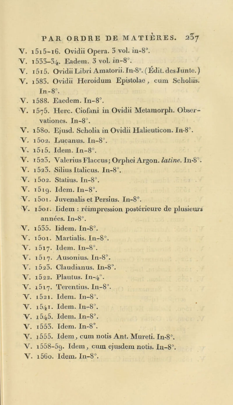 V. i5i8. Aeschylus : gr. In-8°. V. i5o2. Sophocles : gr. In-8°. V. i5o3. Euripides : gr. 2 vol. in-8 . Y. 1507. Eurip. Hecuba et Iphigenia in Aulide, ab Erasmo lat. versae. In-8 . V. 1498. Aristophanis Comoediae , cum Scholiis : gr. In-fol. Y. i534. Poetae très egregi;, Gratins, Nemesianus, Calphurnius, &c. In-8°. V. i5oi-2. Poetae clirisliani Veleres, Prudentius,Scdu* lius, Juvencus, &c. 2 vol. in-40. V. 1517. Veterum Poetarum in Priapum Lusus, &c. In-8°. Y. i534- Iidem. In-8°. V. i5oo. Lucrelius. In-40. Y. i5i5. Idem. In-8°. V. i55o. Idem. In-8 . (Edition très-douteuse.) Y. i5o2. Calullus, Tibullus, Properlius. In-8°. Y. 1515. Iidem. In-8°. V. i558. Iidem, cum notis Mureti. In-8°. V. i562. Iidem. In-8°. V. i554- Catullus, cum Comment. Mureti. In-8°. Y. 1564. Catullus. In-8°. (Édition très-douteuse.) V. i566. Catullus, cum Comment. Achillis Slalii. In-8°. Y. 1567. Tibullus, cum Comment. Achillis Stalii. In-8°. V. i5oi. Yirgibus. In-8°. Y. i5o5. Idem. In-8°. Y. 1514. Idem, edente Naugerio. In-8J. V. 1527. Idem. In-8°. V. i54i. Idem. I11-80. V. i545. Idem. In-8°. V. 1555. Idem. In-8°.