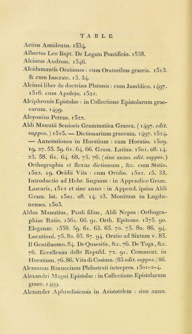 qu’ils donnèrent jusqu’à treize éditions de Térence que mainte- nant on lit trop peu , parce que, de la manière dont on étudie le latin aujourd’hui, il y a peu de latinistes en état de le bien comprendre. On ne trouvera, jusqu’en 1657, que deux seules éditions de Sallusle, qui alors n’étoit peut-être pas apprécié comme il mérite de l’être, et comme il l’a été depuis. Enfin l’observateur philosophe et littérateur verra dans cette liste autre chose qu’un Catalogue de libraire, elle sera pour lui un tableau assez fidèle du genre des livres qui, pendant le cours du sei- zième siècle, furent généralement préférés par les hommes les plus instruits. Les éditions des Lyonnois, celles d’André d’Asola, de Ber- nardTurrisan et de R. Colombel ne présentant ni le même intérêt, ni un ensemble susceptible d’aucun résultat de ce genre, je me borne pour toutes ces dernières aux notices chronologiques qu’on en trouve dans ce volume.