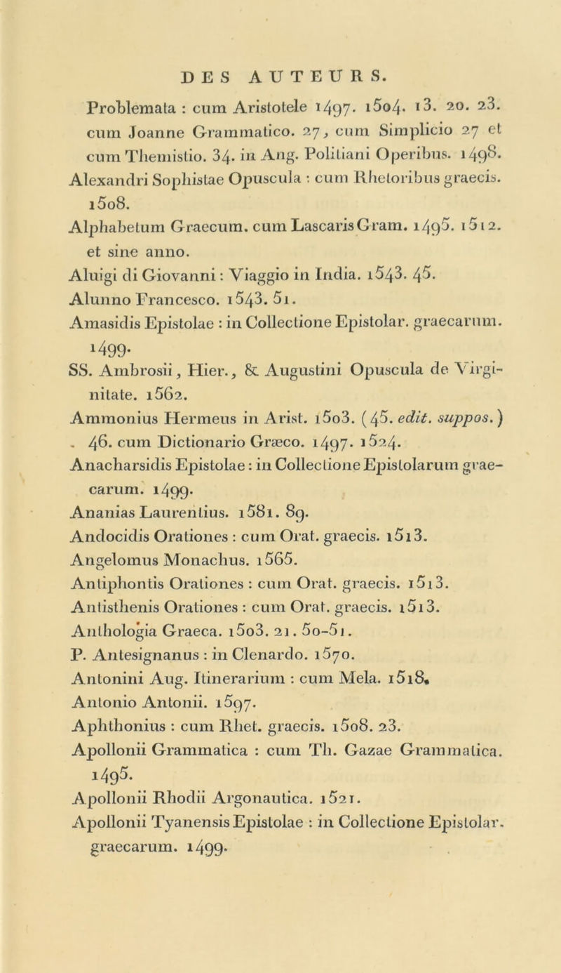 TABLE DES AUTEURS dont les Ouvrages sont indiqués dans le volume des Annales. A. .À.BDUENSI9 Ferdinandi Opéra. i546. Academia Veneta : Sommario delle sue opéré. i558. Summa librorum, &c. i55g. Adeodatus Senensis. i552. Adriani Card. Venalio. i5o5. et cum Gralio. 1534* Aegineta Paulus. 1628. 53. 58. Aeliani Epistolae : in Colleclione Epislolarum graecarum. *499- Aelius Dionysius de indeclinabilibus verbis y &c. In Thés. Cornncopiae. 149^. Aelius Sparlianus : cum Egnalio. i5i6. ig. Aemilius Probus : cum Justino. i522. Aeneae Epislolae : in Colleclione Epislolarum graeca- rum. 1499. Aeschinis Epislolae : in Collectione Epistolarum graeca- rum. 1499» Oraliones : cum Oraloribus graecis. i5i3. trad. in liai. i554- Sj- Aeschylus. i5i8. Aesopi Fabulae. (sine anno. edit. suppos. ) i5o5. 1 J’ai placé dans le tome second celle Table du tome premier qu’elle auroit rendu d’une grosseur Irop inégale, mais les feuillet» n’en sont point chiffrés, afin qu’on puisse aussi, sans aucuu inconvénient, la mettre à la fin du premier.