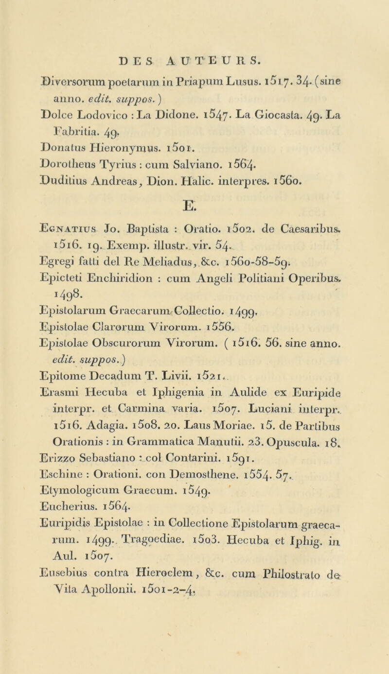 Diversorum poelarum in Priapum Lusus. i5i 7. 34- (sine anno. edit. suppos. ) Dolce Lodovico : La Didone. 1547- La Giocasla. 49* La l'abri lia. 49* Donalus Hieronymus. i5oi . Dorolheus Tyrius : cum Salviano. 15G4- Dudilius Andréas, Dion. Halic. inlerpies. i56o. E. Egnatius Jo. Baplisla : Oratio. 1602. de Caesaribus. i5i6. ig. Exemp. illustr. vir. 54- Egregi fatli del Re Meliadus, &c. i56o-58-5g. Epicteti Enchiridion : cum Angeli Politiani Operibus. ï4g8. Epislolaruin Graecaruni. Colléetio. 1499. Epislolae Clarorum Virorum. i556. Epislolae Obscurorum Virorum. ( i5i6. 56. sine anno. edit. suppos. ) Epitome Decadum T. Livii. i52i< Erasmi Hecuba et Ipbigenia in Aulide ex Euripide interpr. et Carmina varia. 1607. Luciani interpr. i5i6. Adagia. i5o8. 20. LausMoriae. i5. de Parlibus Oralionis : in Grammatica Manutii. 23. Opuscula. 18. Erizzo Sebastiano : col Contarini. i5gi. Escliine : Orationi. cou Demosthene. 1554- ^7* Etymologicum Graecum. 1549- Eucherius. i564* Euripidis Epislolae : in Collectione Epistolarum graeca- rum. 1499.. Tragoediae. i5o3. Hecuba et Iphig. in Aul. 1507. Eusebius contra Hieroclem, &c. cum Philostrato de Vita Apollonii. i5o 1-2-4'.