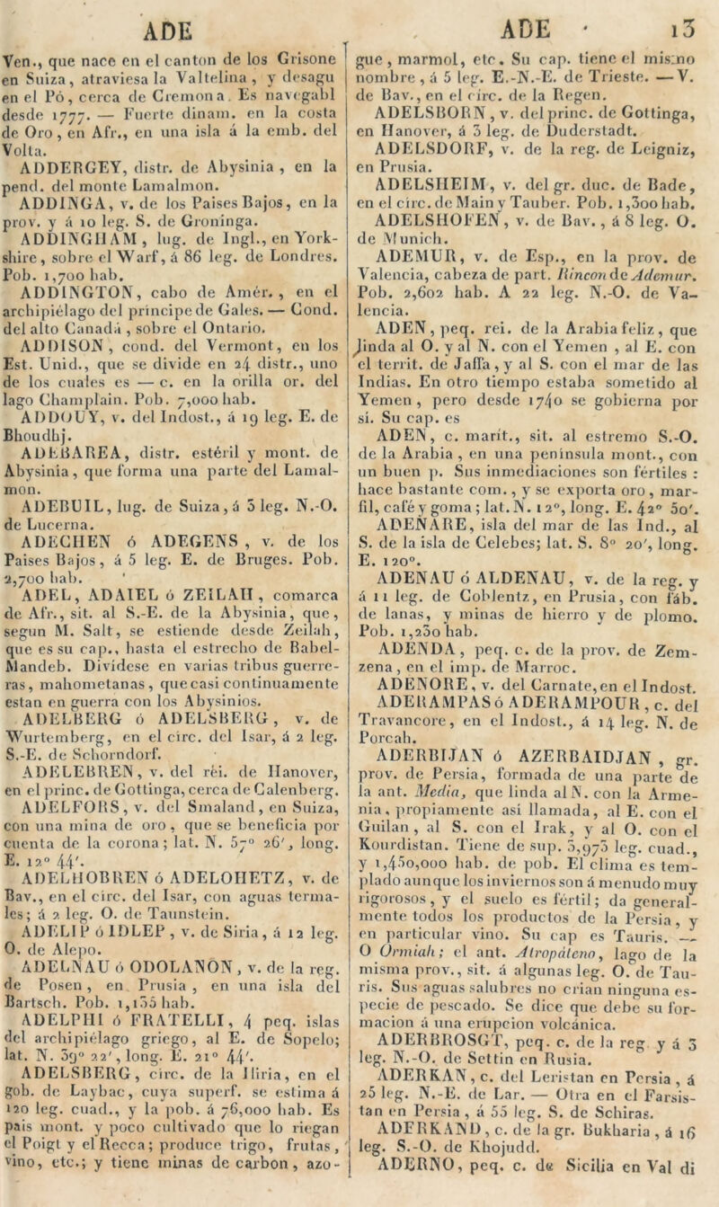 ADE Ven., que nace en el cantón de los Grisone en Suiza, atraviésala Valtelina, y desagu en el Pó, cerca de Cremona. Es navegabl desde 1777. — Fuerte dinam. en la costa de Oro, en Afr., en una isla á la emb. del Volta. ADDERGEY, distr. de Abysinia , en la pend. del monte Lamalmon. ADDINGA, v. de los Países Bajos, en la prov. y á 10 leg. S. de Groninga. ADD1NG1IAM, lug. de lngl., en York- shirc , sobre el Warf, á 86 leg. de Londres. Pob. 1,700 hab. ADDINGTON, cabo de Amér. , en el archipiélago del príncipe de Gales. — Gond. del alto Canadá , sobre el Ontario. ADDISÜN, cond. del Vermont, en los Est. Unid., que se divide en il\. distr., uno de los cuales es — c. en la orilla or. del lago Champíain. Pob. 7,000hab. ADDOUY, v. del Indost., á 10 leg. E. de Bhoudhj. ADLBAREA, distr. estéril y mont. de Abysinia, que forma una parte del Lamal- mon. ADEBUIL, lug. de Suiza, á 3 leg. N.-O. de Lucerna. ADECHEN ó ADEGENS , v. de los Países Bajos, á 5 leg. E. de Bruges. Pob. a,700 bab. ADEL, ADAIEL ó ZEILAII , comarca de Afr., sit. al S.-E. de la Abysinia, que, según M. Salt, se estiende desde Zeilab, que es su cap., basta el estrecho de Babel- Mandeb. Divídese en varias tribus guerre- ras, mahometanas, que casi continuamente están en guerra con los Abysinios. ADELBERG ó ADELSBERG, v. de Wurtemberg, en el circ. del Isar, á a leg. S.-E. de Schorndorf. ADELEBREN, v. del réi. de Ilanover, en el princ. de Gottinga, cerca de Galenberg. ADELFORS, v. del Smaland, en Suiza, con una mina de oro, que se beneficia por cuenta de la corona; lat. N. 5j° 26', iong. ADELHOBREN ó ADELOIIETZ, v. de Bav., en el círc. del Isar, con aguas terma- les; A 2 leg. O. de Taunstein. ADELI P ó 1DLEP , v. de Siria, á 12 leg. O. de Alepo. ADELN AU ó ODOLANON, v. de la reg. de Posen, en Prusia , en una isla del Bartsch. Pob. i,i35hab. A DELPHI ó FRATELLI, /, peq. islas del archipiélago griego, al E. de Sopclo; lat. N. 3f)° 22', long. E. 21o 44'- ADELSBERG, círc. de la Iliria, en el gob. de Laybac, cuya superf. se estima 4 120 leg. cuad., y la pob. A 76,000 bab. Es país mont. y poco cultivado que lo riegan el Poigl y elRecca; produce trigo, frutas, '¡ vino, etc.; y tiene minas de carbón, azo- | ADE • i3 gue, marmol, etc. Su cap. tiene el mismo nombre , á 5 leg. E.-N.-E. de Trieste. —V. de Bav., en el círc. de la Regen. ADELSBORN , v. del princ. de Gottinga, en Ilanover, A 3 leg. de Duderstadt. ADELSDORF, v. de la reg. de Leigniz, en Prusia. ADELSIIEIM, v. del gr. duc. de Bade, en el círc. de Main y Tauber. Pob. 1,3oo bab. ADELSIIOFEN, v. de Bav., á 8 leg. O. de Munich. ADEMUR, v. de Esp., en la prov. de Valencia, cabeza de part. Hincón de Ademar. Pob. 2,602 hab. A 22 leg. N.-O. de Va- lencia. ADEN, peq. rei. déla Arabia feliz, que Jinda al O. y al N. con el Yemen , al E. con el territ. de Jalla,y al S. con el mar de las Indias. En otro tiempo estaba sometido al Yemen, pero desde 1740 se gobierna por sí. Su cap. es ADEN, c. marít., sit. al estremo S.-O. de la Arabia , en una península mont., con un buen p. Sus inmediaciones son fértiles : hace bastante coin., y se exporta oro , mar- fil, café y goma ; lat. N. 1 20, long. E. 42o 5o'. ADEN ARE, isla del mar de las Ind., al S. de la isla de Célebes; lat. S. S° 20', long. E. 1 20o. ADENAU ó ALDENAU, v. de la reg. y á 11 leg. de. Coblenlz, en Prusia, con fáb. de lanas, y minas de hierro y de plomo. Pob. i,25o hab. ADENDA, peq. c. de la prov. de Zem- zena , en el imp. de Marroc. ADENORE, v. del Carnate,en el Indost. ADERAMPASó ADERAMPOUR , c. del Travancore, en el Indost., A 14 leg. N. de Porcah. ADERBIJAN ó AZERBAID.TAN , gr. prov. de Persia, formada de una parte de la anl. Media, que linda alN. con la Arme- nia, propiamente así llamada, al E. con el Guilan , al S. con el Irak, y al O. con el Kourdistan. Tiene de sup. 3,975 leg. cuad., y i,43o,ooo bab. de pob. El clima es tem- plado aunque los inviernos son á menudo muy rigorosos, y el suelo es fértil; da general- mente todos los productos de la Persia , y en particular vino. Su cap es Tauris. O Unniali; el ant. A trapalcan, lago de la misma prov., sit. á algunas leg. O. de Tau- ris. Sus aguas salubres no crian ninguna es- pecie de pescado. Se dice que debe su for- mación á una erupción volcánica. ADERBROSGT, peq. c. de la reg y á 3 leg. N.-O. de Settin en Rusia. ADERRAN , c. del Leristan en Persia , A 25 leg. N.-E. de Lar. — Otra en el Farsis- ta n en Persia , á 55 leg. S. de Schiras. ADFRKAND , c. de la gr. Bukharia , á 16 I leg. S.-O. de Kbojudd. j ADERNO, peq. c. d« Sicilia en Val di