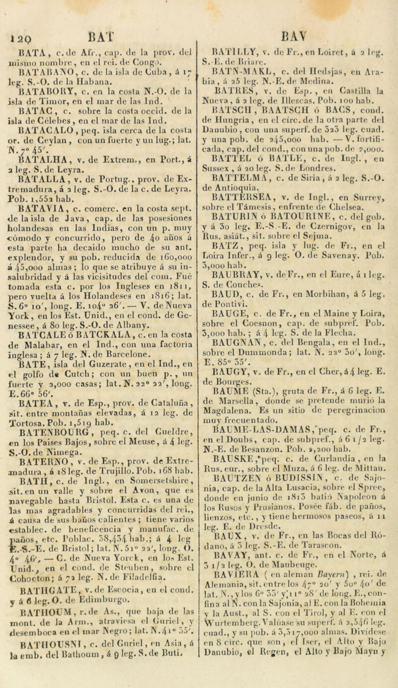 mismo nombre, en el rei. <l«; Congo. BATABANO, c. de la isla de Cuba , A 17 leg. S.-O. de la Habana. BATABORY, c. en la costa N.-O. de la isla de Timor, en el mar de las Ind. BATAC , c. sobre la costa occid. de la isla de Célebes , en el mar de las Ind. BATAC ALO , peq. isla cerca de la costa or. de Ceylan , con un fuerte y un lug.; lat. N.70 45'. BATALHA, v. de Extrem., en Port., á a leg. S. de Leyra. BATALLA, v. de Portug., prov. de Ex- tremadura, á a leg. S.-O. de la c. de Leyra. Pob. i,55a hab. BATAVIA, c. comerc. en la costa sept. de la isla de Java, cap.de las posesiones holandesas en las Indias, con un p. muy cómodo y concurrido, pero de 4o años á esta parte ha decaido mucho de su ant. explendor, y su pob. reducida de 160,000 á 45,ooo almas ; lo que se atribuye á su in- salubridad y A las vicisitudes del com. Filé tomada esta c. por los Ingleses en 1811, pero vuelta á los Holandeses en 1816; lat. S.6° 10', long. E. io4° 26'.— V. de Nueva York, en los Est. Unid., en el cond. de Ge- nessee, á 80 leg. S.-O. de Albany. BATCALE ó BATCK ALA, c. en la costa de Malabar, en el Ind., con una factoría inglesa ; á 7 leg. N. de Barcelone. BATE, isla del Guzerate, en el Ind., en el golfo de Cutch; con un buen p. , un fuerte y 3,000 casas; lat. N. 32° 32', long. E.66» 56'. BATEA, v. de Esp., prov. de Cataluña, sit. entre montañas elevadas, á 12 leg. de Tortosa. Pob. 1,519 hab. BATENBOUBG, peq. c. del Cueldrc, en los Paises Bajos, sobre el Meuse, A 4 log. S.-O. de Nimega. BATERNO , v. de Esp., prov. de Extre- madura, á 18 leg. de Trujiílo. Pob. 168 hab. BATH,c. de Ingl., en Somersetshire , sit. en un valle y sobre el Avon, que es navegable hasta Bristol. Esta c. es una de las mas agradables y concurridas del rei., á causa de sus baños calientes ; tiene varios establee, de beneficencia y manufac. de Í>años, etc. Poblac. 58,434-hab.; á 4 h'g 5.-S.-E. de Bristol; lat. N.5i° 22', long. (). 4o 4.6'* — C. de Nueva Yorck, en los Est. Unid., en el cond. de Steubcn, sobre el Cohocton; A 72 leg. N.dc Filadelfia. BATHG ATE , v. de Escocia, en el cond. y á 6 leg. O. de Edimburgo. BATIIOUM, r. de As., que baja de las moni, de la Arm., atraviesa el Guriel, y desemboca en el mar Negro; lat.N.41 5o'. BATHOUSNI, c. del Guriel, en Asia, á la era b. del Bathoum , á 9 leg. S.de Buti. S.-E. de Briare. BATN-MAKL, c. del Ilcdsjas, en Ara- bia, á 2.5 leg. N.-E.de Medina. BATRES, v. de Esp., en Castilla la Nueva , á 2 leg. de Illescas. Pob. 100 hab. BATSCII, BAATSCH ó BACS, cond. de Hungría, en el círc.de la otra parte del Danubio, con una superf.de 3a3 leg. cuad. y una pob. de 245,000 hab. —V. fortifi- cada, cap. del cond., con una pob. de 2,000. BATTEL ó BATLE, c. de Ingl. , en Sussex , á 20 leg. S. de Londres. BATTELMA , c. de Siria , á 2 leg. S.-O. de Antioquia. BATTERSEA, v. de Ingl., en Surrev, sobre el Támesis, enfrente de Chelsea. BATURIN ó BATOURINE, c. del gob. y á 3o leg, E.-S.-E. de Czernigov, en la Rus. asiát., sit. sobre el Sejma. BATZ, peq. isla y lug. de Fr., en el Loira Infer., A 9 leg. O. de Savenay. Pob. 3,ooo hab. BAUBRAY, v. deFr., en el Eure, á 1 leg. S. de Conches. BAUD, c. de Fr., en Morbihan, á 5 leg. de Pontivi. BAUGE, c. de Fr., en el Maine y Loira, sobre el Coesnon, cap. de subpref. Pob. 3,ooo hab.; á 4 leg. S. de la Flecha. BAUGNAN, c. del Bengala, en el Ind., sobre el Dummonda; lat. N. 22o 3o', long. E. 85° 35'. BAUGY, v. de Fr., en el Cher, á41eg. E. de Bourges. BAUME (Sta.), gruta de Fr., á 6 leg. E. de Marsella, donde se pretende murió la Magdalena. Es un sitio de peregrinación muy frecuentado. BAL ME-LAS-DAMAS,peq. c. de Fr., en el Doubs, cap. de subpref., á 6 1/2 leg. N.-E. deBesanzon. Pob. *,200 hab. BAUSKE,*peq. c. de Curlandia , en la Rus.eur., sobre el Muza, ¡i 6 log. de Mittau. BAUTZEN ó BUD1SSIN, c. de Sajo- nia, cap. de la Alta Lusacia, sobre el Spree, donde en junio de 1S13 batió Napoleón á los Rusos y Prusianos. Posee fáb. de paños, lienzos, etc., y tiene hermosos paseos, á 11 leg. E. de Dresde. BAUX, v. de Fr., en las Bocas del Ró- dano, ;» 3 log. S.-E. de Tarascón. BAVAY, ant. c. de Fr., en el Norte, A 3 1 / 2 leg. O. de Maubcuge. BAV1ERA ( en aloman Baycm) , rei. de Alemania, sit. entre los 47o 20' y 5o° l\o' de lat. N.,y los 6o 53' y¡i i° 28' de long.E.,con- fina al N. con la Sajorna, a! E. con la Bohemia y la Ausl., al S. con el Ti rol, y al E. con el Wurtembcrg. Valúase su superf. A 2,546 leg. cuad., y su pob. á 3,317,000 almas. Divídese en 8 circ. que son, el Jser, el Alto y Bajo Danubio, el Regen, el Alto y Bajo Mayn y