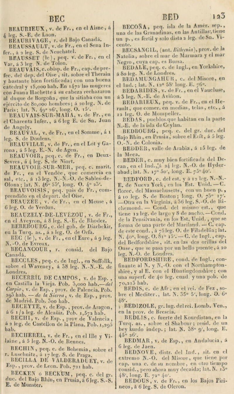 4 leg. S.-E. de Laon. REAURIVAGE, r. del Bajo Canadá. BEAUSSAULT, v. de Fr., en el Sena In- fer., á 2 leg. S. de Neuchatel. BEAUSSET (le), peq. v. de Fr., en el Yar, á 3 leg. N. de Tolon. BEAUVAIS,c.obisp. de Fr., cap. depre- fec. del dep. del Oise , sit. sobre el Therain y bastante bien fortificada; con una buena catedral y i5,ooo hab. En 1472 las mugeres con Juana Ilachette á su cabeza rechazaron al duque de Borgoña, que la sitiaba con un ejército de 80,000 hombres; á 20 leg. 1N. de Taris; lat. N. 4()° 26', long. O. i5'. BEAUVA1S-SUR-MAHA, v. de Fr., en elCharenta lnfcr., á 6 leg E. de Sn. Juan de Angely. BEAU VAL, v. de Fr., en el Somme , á 1 leg. S. de Doulens. BEAUVILLE, v. de Fr., en el Lot y Ca- rona , á 5 leg. E.-N. de Agen. BEAUVOIR, peq. c. de Fr., en Deux- Sevres, á 4 leg. S. de Niort. BEAUVOIR-SUR-MER, peq. c. marít. de Fr. , en el Vendée, que comercia en sal, etc., á i31eg. N.-N.-O. de Sables-de- Olona ; lat. N. 4b° 53', long. O. 4o 20'. BEAUVOIS1S , peq. pais de Fr., com- prendido en el depart. del Oise. BEAUZÉE , v. de Fr., en el Meuse , A 6 leg. O. de Yerdun. BEAUZELY-DE-LEVEZOU, v. de Fr., en el Aveyron, A 8 leg. S.-E. de Rhodez. BEBEBOURG, c. del gob. de Diarbekir, en la Turq. as., A 2 leg. O. de Oria. BEC (le ), v. de Fr. , en el Eure, á 9 leg. N. -O. de Evreux. BF.CANCOUIl, r. consid. del Bajo Canadá. BECCLES, peq. c. de Tngl., en SuíTollk, sobre el Waveney, A 38 leg. N.-N.-E. de Londres. BECERRÍL DE CAMPOS, v. de Esp. , en Castilla la Vieja. Tob. 5,000 hab.— del Carpió, v. de Esp., prov. de Palencia. Pob. 290 hab. — de la Sierra, v. de Esp., prov. de Madrid. Pob. 3oo hab. BEC BYTE, v. de Esp. , prov. de Aragón, A G 1/2 leg. de Alcañiz. Pob. 1,572 hab. BECHI, v. de Esp., prov de Valencia , A 2 leg. de Castellón de la Plana. Pob. x,2q5 hab. J BECHEREL, v. de Fr., en el lile y Vi- laine , A 5 leg. N.-O. de Renncs. RECHIN, peq. c. de Bohemia, sobre el r. Luschnitz, A 17 h‘g. S. de Praga. BEC ILLA DE VALDERADLEY, v. de Esp., prov. de León. Pob. 721 hab. BECKEN ó BECKUM, peq. c. del gr. duc. del Bajo Rhin, en Prusia,á 6leg. S.-S. E. de Munstcr, BED 193 BECOÑA, peq. isla de la Amér. sep., una de las Granadinas, en las Antillas*,tiene un p., es fértil y solo dista 2 leg. de Sn. V i- cente. BECSANC1L, (ant. Bilhynia), prov. de la Natolia, sobre el mar de Alarmara y el mar Negro , cuya cap. es Bursa. BED ALE, peq. c. de Ingl., en Yorkshire, A 80 leg. N. de Londres. BEDAMUNGAHUR, c. del Misore, en el Ind. ; lat. N. 12° 58' long. E. 76o. BEDARIDES, v. de Fr., en el Vaucluse, A 3 leg. N.-E. de Aviñon. BEDARIEUX, peq. v. de Fr., en el líe- rault, que comer, en medias, telas, etc., A 12 leg. O. de Mompeller. REDAS , pueblos que habitan en la parte N. -E. de la isla de Ceylan. BEDBOURG, peq. c. del gr. duc. del Bajo Rhin , en Prusia,' sobre el Erít, á 5 leg. O. -N. de Colonia. BEDDER, valle de Arabia, A i5 leg. de la Meca. BEDER , c. muy bien fortificada del De- can, en el Ind.,*A 24 leg* N.-O. de Hyder- abad ; lat. N. 17o 5o', long. E. 70o 4o'. BEDFORD, c. del est. y A 12 leg. N.-N.- E. de Nueva York, en los Est. Unid.—C. floree, del Massachusetts, con un buen p., A 10 leg. S. de Boston; long. O. 73° 17'. —Otra en la Virginia, A 36 leg. S.-O. de Ri- chemond,— Cond. del mismo est., que tiene 12 leg. de largo y 8 de ancho.—Cond. de la Pensilvania, en los Est. Unid. , que se forma de una parte del Mariland. — C. cap. de este cond., A y5 leg. O. de Filadelfia ; lat. N. 4°°, long. 0.81o 15'. — C. de Ingl., cap. del Bedfordshire, sit. en las des orillas del Ouse, que se pasa por un bello puente, A 20 leg. N.-O. de,Londres. BEDFORDSHIRE, cond. de Ingl., con- finante al N. y N.-O. con el Northampton- shire,yalE. con el Hüntingdonshirc; con una superf. de 4« leg. cuad. y una pob. de 70,213 hab. BED1S, c. de Afr , en el reí. de Fez , so- bre el Mediter., lat. N. 35° 5', long. O. G° 48'. t. BEDIZOLE, gr. lug. delrci. Lomb. Ven., en la prov. de Brescia. BEDL1S, c. fuerte del Kourdistan, en la Turq. as., sobre el Shabour; resid. de un bey kurdo indep.; lat. N. 38 9', long. E. 45° 2G'. BEDMAR, v. de Esp., en Andalucía, A 6 leg. de Jaén. BEDNOVE, distr. del Ind., sit. en el extremo N.-O. del Misore, que tiene por cap. una c. de su nombre, en otro tiempo consid., pero ahora muy decaída; lat. N. i5° 48', long. E. 72 4o'* BEDOUS, v. de Fr., en los Bajos Piri- neos, A G leg. S. de Olcron.