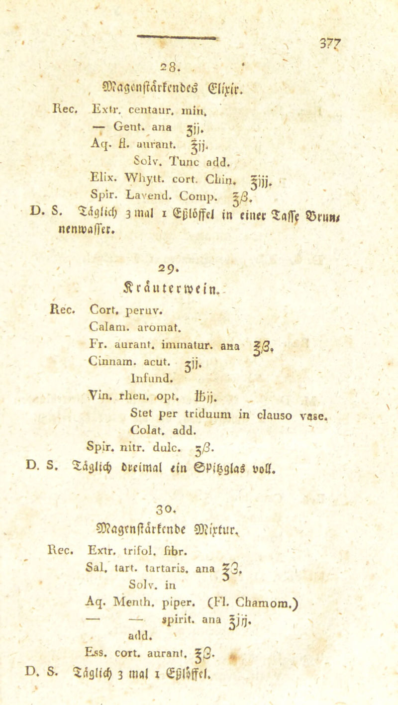 4 N | Magenſtaͤrkendes Elixir. | ‚Rec. Extr, centaur, min, 5 1 ＋ Gent. ana 3ij. Ag. H. aurant. 3j k Solv. Tunc add. Elix. Whytt. cort. Chin, 3. Spir. Lavend. Comp. 38. P. S. Täglich z mal 1 Eßlöffel in einer Taſſe Bruns nenwaſſer. m: 29. Kraͤuterwein.“ Rec. Cort. peruv. Calam. aromat. \ Fr. aurant, immatur. ana 38. Cinnam. acut. zii. Infund. f Vin. rhen, opt. 5j. 8 Stet per triduum in clauso vase. Colat. add. 5 Spir. nitr. dulce. 58. D. 8. Taͤglich dreimal ein Spitzglas voll. 30. Magenſtaͤrkende Mixtur. Rec, Extr. trifol, fibr. Sal, tart. tartaris, ana 33. Solv. in Ad. Menth, piper. (Fl. Chamom.) — — spirit ana 3jj. add. Ess, cort. aurant, 30. “