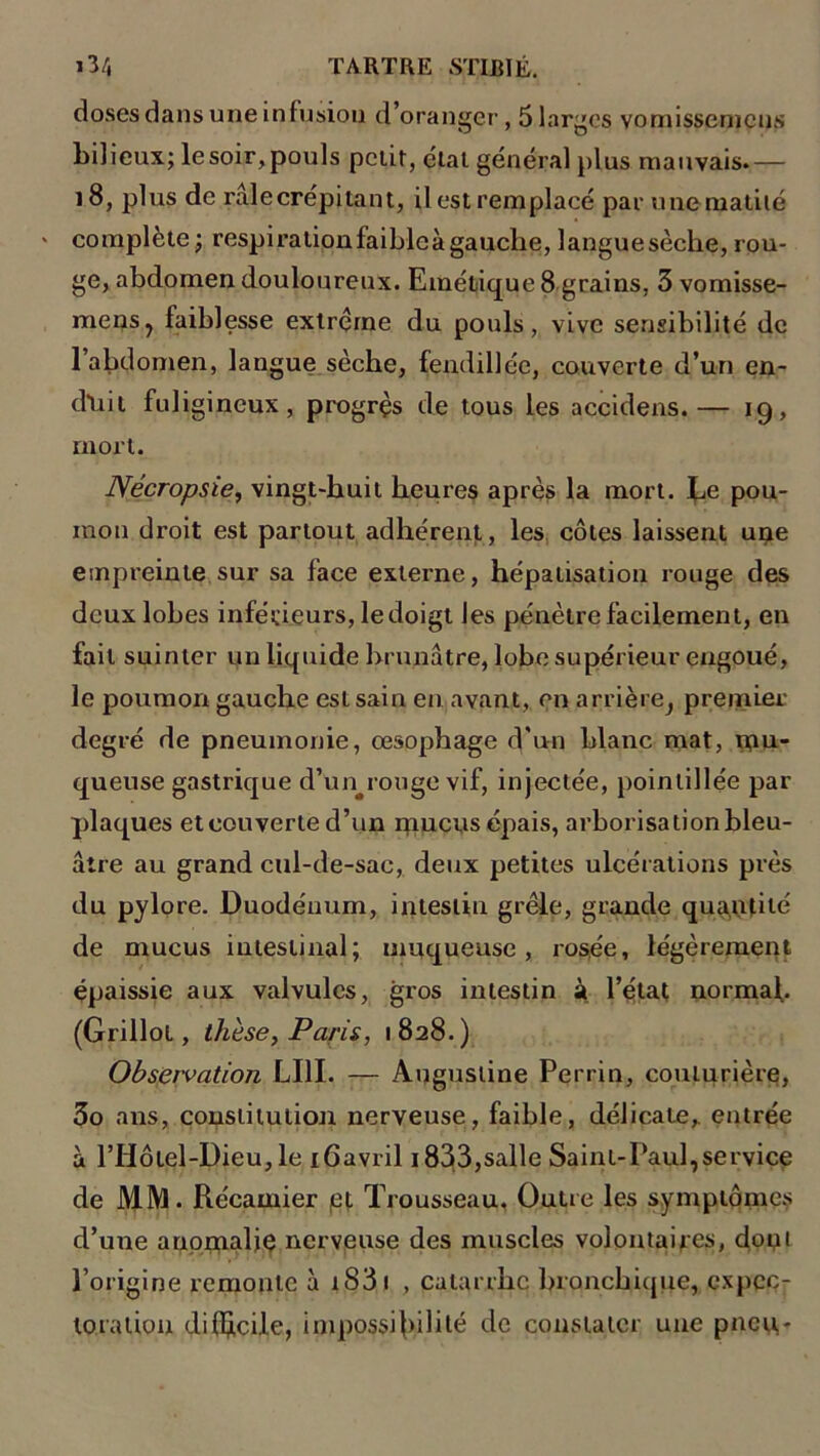 doses dans une infusion d’oranger, 5 larges vomissemeus bilieux; lesoir,pouls petit, étal général plus mauvais.— 18, plus de râle crépitant, ilestremplacé par une matité ' complète; respirationfaibleàgauche,langue$èche,rou- ge» abdomen douloureux. Emétique 8 grains, 3 vomisse- mens, faiblesse extrême du pouls, vive sensibilité de l’abdomen, langue sèche, fendillée, couverte d’un en- dtiit fuligineux, progrès de tous les accidens.— 19, mort. IVécropsie, vingt-huit heures après la mort, ^e pou- mon droit est partout adhérent, les côtes laissent une empreinte sur sa face externe, hépatisation rouge des deux lobes inférieurs, le doigt les pénètre facilement, en fait suinter un liquide brunâtre, lobe supérieur engoué, le poumon gauche est sain en avant, en arrière, premier degré de pneumonie, œsophage d'un blanc mat, um- queuse gastrique d’un#rouge vif, injectée, poinlillée par plaques et couverte d’un ipucus épais, arborisation bleu- âtre au grand cul-de-sac, deux petites ulcérations près du pylore. Duodénum, intestin grêle, grande quantité de mucus intestinal; muqueuse, rosée, légèrement épaissie aux valvules, gros intestin à l’état normal. (Grillot, thèse, Paris, 1828.) Observation LI1I. — Augustine Perrin, couturière, 3o ans, constitution nerveuse, faible, délicate, entrée à l’Hôtel-Dieu,le iGavril 1833,salle Saint-Paul,service de MM. Récamier et Trousseau, Outre les symptômes d’une anomalie nerveuse des muscles volontaires, dout l’origine remonte à 1S31 , catarrhe bronchique, cxpcçr loration difficile, impossibilité de constater une pneu-