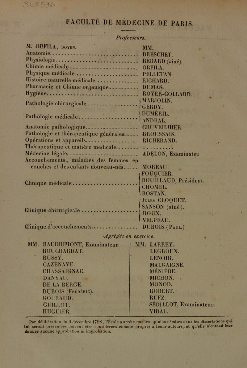 3u^53£> FACULTÉ DE MÉDECINE DE PARIS. Professeurs. M. ORFILA, DOYEN. Anatomie Physiologie Chimie médicale Physique médicale Histoire naturelle médicale Pharmacie et Chimie organique Hygiène . Pathologie chirurgicale Pathologie médicale Anatomie pathologique Pathologie et thérapeutique générales. .. Opérations et appareils Thérapeutique et matière médicale Médecine légale Accouchements, maladies des femmes couches et des enfants nouveau-nés. .. Clinique médicale MM. BRESCHET. BÉRARD (aîné). ORFILA. PELLETAN. RICHARD. DUMAS. ROYER-COLLARD, j MA RJ O LI-N. ( GERDY. DUMÉRIL. ANDRAL. CRUVEILHIER. BROUSSAIS. RICHERAND. .. ADELON, Examinateu en .. MOREAU. (FOUQUIER. BOU1LLAUD, Président.  CHOMEL. ROSTAN. Clinique chirurgicale .... Clinique d'accouchements /Jules CLOQUET. I SANSON (aîné). | ROUX. ( VELPEAU. DUBOIS (Paul.) Agrégés en exercice. MM. BAUDRIMONT, Examinateur. BOUCHARDAT. ' BUSSY. CAZENAVE. CHaSSAIGNAC. DAJNYAU. DE LA BERGE. DUBOIS (Frédéric). GOl R AUD. G U ILLOT. HUGU1ER. MM. LARREY. LEGROUX. LENOIR. MALGAIGNE. MÉNIÈRE. Ml CH ON. . MONOD. ROBERT. RUFZ. SÉDILLOT, Examinateur. VIDAL. Par délibération du 0 décembre 179K, l’F.cole a arrêté que les opinions émises dans les dissertations qui loi seront présentées doivent être considérées comme propres a leurs-auteurs, et qu’elle n’entend leur donuer aucune approbatiou ui improbation.