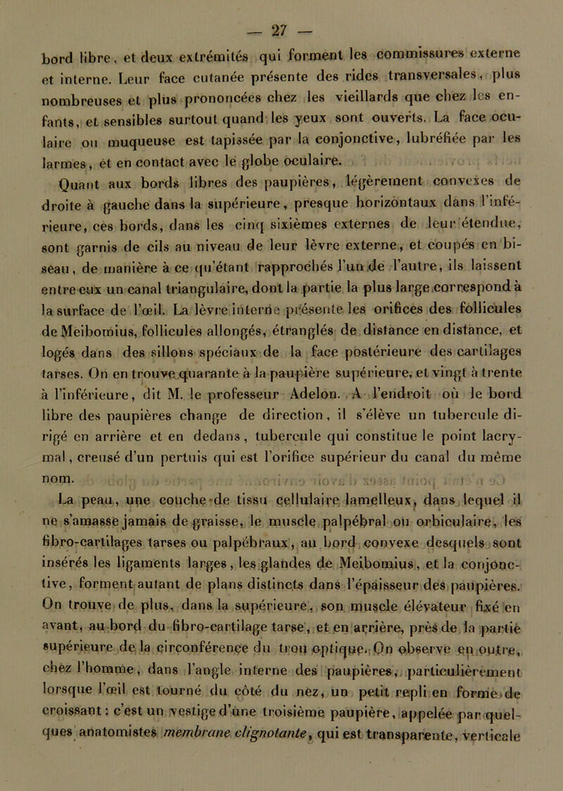 bord libre, et deux extrémités qui forment les commissures externe et interne. Leur face cutanee présente des rides transversales, plus nombreuses et plus prononcées chez les vieillards que chez les en- fants, et sensibles surtout quand les yeux sont ouverts. La face ocu- laire ou muqueuse est tapissée par la conjonctive, lubréfiée par les larmes, et en contact avec le globe oculaire. Quant aux bords libres des paupières, légèrement convexes de droite à gauche dans la supérieure, presque horizontaux dans l’infé- rieure, ces bords, dans les cinq sixièmes externes de leur étendue, sont garnis de cils au niveau de leur lèvre externe, et coupés en bi- seau, de manière à ce qu’étant rapprochés l’un de l’autre, ils laissent entre eux un canal triangulaire, dont la partie la plus large correspond à la surface de l’œil. La lèvre interne présente les orifices des follicules deMeiboraius, follicules allongés, étranglés de distance en distance, et logés dans des sillons spéciaux de la face postérieure des cartilages tarses. On en trouve quarante à la paupière supérieure, et vingt à trente à l’inférieure, dit M. le professeur Adelon. A l’endroit où le bord libre des paupières change de direction, il s’élève un tubercule di- rigé en arrière et en dedans, tubercule qui constitue le point lacry- mal , creusé d’un pertuis qui est l’orifice supérieur du canal du même noui. i io. . . ) •. La peau, upe couche de tissu cellulaire lamelleux, dans lequel il ne s’amasse jamais dégraissé, le muscle palpébral ou orbiculaire, les fibro-cartilages tarses ou palpébraux, au bord convexe desquels sont insérés les ligaments larges, les glandes de Meibomius, et la conjonc- tive, forment autant de plans distincts dans l’épaisseur des paupières. On trouve de plus, dans la supérieure, son muscle élévateur fixé en avant, au bord du fibro-cartilage tarse, et en arrière, près de la partie supérieure de la circonférence du trop optique,:On observe en outre, chez l’homme, dans l’angle interne des paupières, particulièrement lorsque l’œil est tourné du coté du nez, un petit repli en forme.de croissant: c’est un vestiged’ur.e troisième paupière, appelée par quel- ques anatomistes membrane clignotante, qui est transparente, verticale