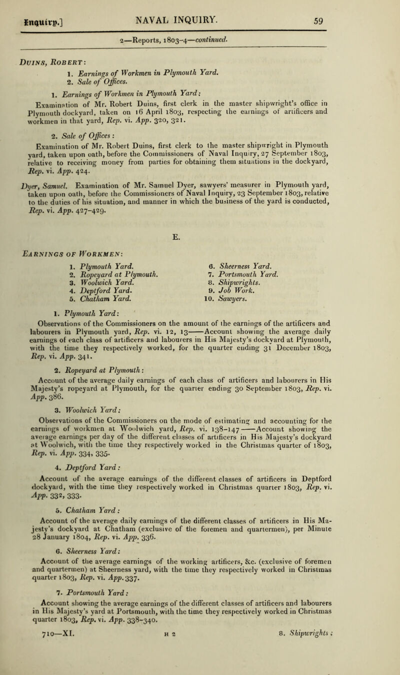 2—Reports, 1803-4—continued. Duins, Robert: 1. Earnings of Workmen in Plymouth Yard. 2. Sale of Offices. 1. Earnings of Workmen in Plymouth Yard: Examinfition of Mr. Robert Duins, first clerk in the master shipwright’s office in Plymouth dockyard, taken on 16 April 1803, respecting the earnings of artificers and workmen in that yard, Rep. vi. App. 2. Sale of Offices : Examination of Mr. Robert Duins, first clerk to the master shipwright in Plymouth yard, taken upon oath, before the Commissioners of Naval Inquiry, 27 September 1803, relative to receiving money from parties for obtaining them situations in the dockyard. Rep. vi. App. 424. Dyer, Samuel. Examination of Mr. Samuel Dyer, sawyers’ measurer in Plymouth yard, taken upon oatli, before the Commissioners of Naval Inquiry, 23 September 1803, relative to the duties of his situation, and manner in which the business of the yard is conducted, Rep. vi. App. 427-429. E. Earnings of Workmen: 1. Plymouth Yard. 2. Ropeyard at Plymouth. 3. Woolwich Yard. 4. Deptford Yard. 5. Chatham Yard. 0. Sheerness Yard. 7. Portsmouth Yard. 8. Shipwrights. 9. Job Work. 10. Sawyers. 1. Plymouth Yard: ' Observations of the Commissioners on the amount of the earnings of the artificers and labourers in Plymouth yard, Rep. vi. 12, 13 Account showing the average daily earnings of each class of artificers and labourers in His Majesty’s dockyard at Plymouth, with the time they respectively worked, for the quarter ending 31 December 1803, Rep. vi. App. 341. 2. Ropeyard at Plymouth; Account of the average daily earnings of each class of artificers and labourers in His Majesty’s ropeyard at Plymouth, for the quarter ending 30 September 1803, Rep. vi. App. 386. 3. Woolwich Yard: Observations of the Commissioners on the mode of estimating and accounting for the earnings of workmen at Woolwich yard. Rep. vi. 138-147 Account showing the average earnings per day of the different classes of artificers in His Majesty’s dockyard at Woolwich, with the time they respectively worked in the Christmas quarter of 1803, Rep. vi. App. 334, 335. 4. Deptford Yard: Account of the average earnings of the different classes of artificers in Deptford dockyard, with the time they respectively worked in Christmas quarter 1803, Rep. vi. 332, 333- 5. Chatham Yard: Account of the average daily earnings of the different classes of artificers in His Ma- jesty’s dockyard at Chatham (exclusive of the foremen and quartermen), per Minute 28 January 1804, Rep. vi. App. 336. 6. Sheerness Yard: Account of the average earnings of the working artificers. See. (exclusive of foremen and quartermen) at Sheerness yard, with the time they respectively worked in Christmas quarter 1803, Rep. vi. App. 337. 7. Portsmouth Yard: Account showing the average earnings of the different classes of artificers and labourers in His Majesty’s yard at Portsmouth, with the time they respectively worked in Christmas quarter 1803, Rep. vi. App. 338-340.