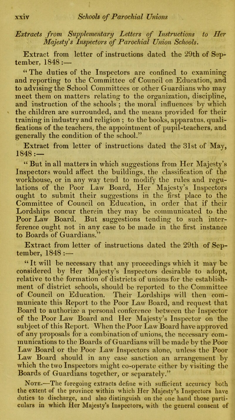 Extracts from Supplementary Letters of Instructions to Her Majesty's Inspectors of Parochial Union Schools. Extract from letter of instructions dated the 29th of Sep- tember, 1848:— “ The duties of the Inspectors are confined to examining and reporting to the Committee of Council on Education, and to advising the School Committees or other Guardians who may meet them on matters relating to the organization, discipline, and instruction of the schools ; the moral influences by which the children are surrounded, and the means provided for their training in industry and religion ; to the books, apparatus, quali- fications of the teachers, the appointment of pupil-teachers, and generally the condition of the school.” Extract from letter of instructions dated the 31st of May, 1848:— “ But in all matters in which suggestions from Her Majesty’s Inspectors would affect the buildings, the classification of the workhouse, or in any way tend to modify the rules and regu- lations of the Poor Law Board, Her Majesty’s Inspectors ought to submit their suggestions in the first place to the Committee of Council on Education, in order that if their Lordships concur therein they may be communicated to the Poor Law Board. But suggestions tending to such inter- ference ought not in any case to be made in the first instance to Boards of Guardians.” Extract from letter of instructions dated the 29th of Sep- tember, 1848 :— “ It will be necessary that any proceedings which it may be considered by Her Majesty’s Inspectors desirable to adopt, relative to the formation of districts of unions for the establish- ment of district schools, should be reported to the Committee of Council on Education. Their Lordships will then com- municate this Report to the Poor Law Board, and request that Board to authorize a personal conference between the Inspector of the Poor Law Board and Her Majesty’s Inspector on the subject of this Report. When the Poor Law Board have approved of any proposals for a combination of unions, the necessary com- munications to the Boards of Guardians will be made by the Poor Law Board or the Poor Law Inspectors alone, unless the Poor Law Board should in any case sanction an arrangement by which the two Inspectors might co-operate either by visiting the Boards of Guardians together, or separately.” Note.—The foregoing extracts define with sufficient accuracy both the extent of the province within which Her Majesty’s Inspectors have duties to discharge, and also distinguish on the one hand those parti- culars in which Her Majesty’s Inspectors, with the general consent of