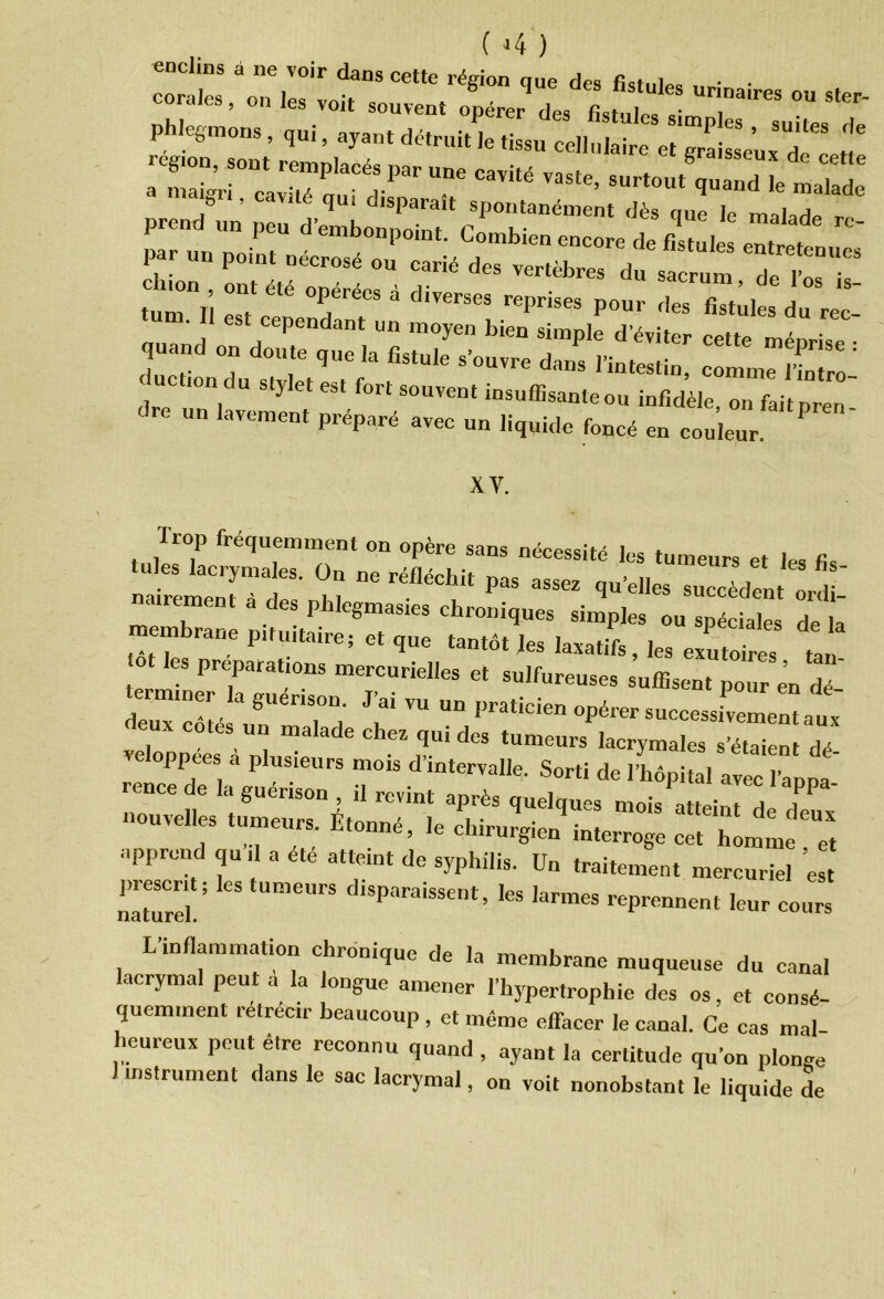 enclms à ne voir dans cette région que des • • corales, on les voit souvent opérer des fistules s T™ ^ ^ phlegmons, qui, ayant détruit le tissu cellulaire et grailVuxTl'ie tum. il est cepeûdamun mly^Len’^nple ^d ^ ^ r6C' ct.on du stylet est fort souvent insuffisante ou infidèle, on fait pren un lavement préparé avec un liquide foncé en couleur. XV. Trop fréquemment on opère sans nécessité les tumeurs et le, fi,, nairement à des fXn^csdl^ °dÏâ mme, la guérison. J'ai vu un praticien opérer successivement aux ■ cotes un malade chez qui des tumeurs lacrymales s'étaient dé veloppees a plusieurs mois d'intervalle. Sorti de l'hôpital avec l’appa rence de la guérison .1 revint après quelques mois atteint de deux nouvelles tumeurs. Étonné, le chirurgien interroge ce, homme et apprend quil a été atteint de syphilis. Un traitement mercuriel ’es naturel! * ^ ' *“ «prennent leur cours L’inflammation chronique de la membrane muqueuse du canal acrymal peut a la longue amener l'hypertrophie des os, et consé- quemment rétrécir beaucoup , et même effacer le canal. Ce cas mal- heureux peut être reconnu quand , ayant la certitude qu'on plonge instrument dans le sac lacrymal, on voit nonobstant le liquide de