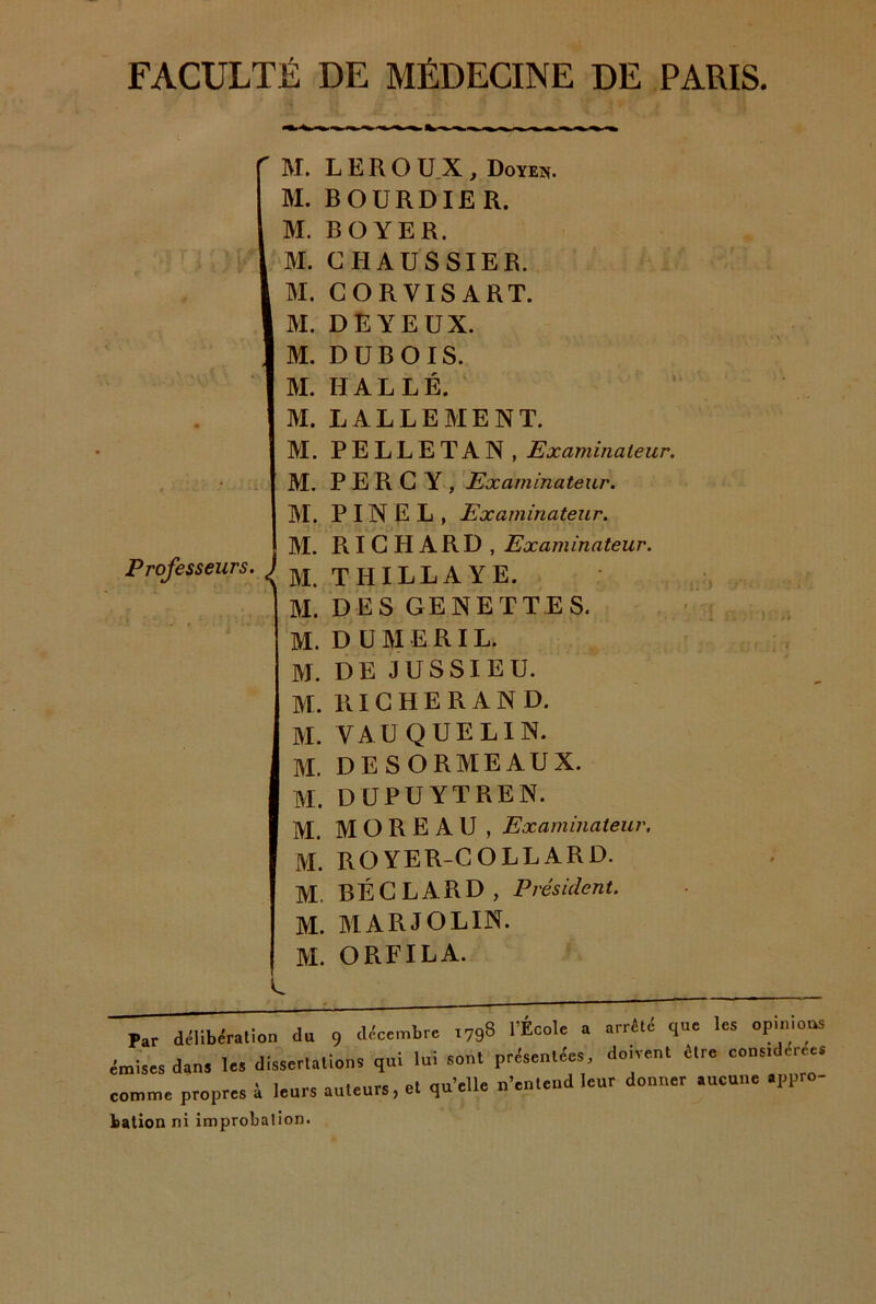 FACULTÉ DE MÉDECINE DE PARIS.  M. LEROUX, Doyen. M. BOURDIER. M. BOYER. M. CHAUSSIER. M. CORVISART. M. DEYEÜX. M. DUBOIS. M. H AL LÉ. M. LALLEMENT. M. PELLETAN, Examinateur. V M. P E R G Y , Examinateur. Professeurs. ^ M. PINEL, Examinateur. M. RICHARD, Examinateur. M. THILLAYE. M. DES GE NE TT ES. M. D ü M E RIL. M. DE JUSSIEU. M. RIGHERAND. M. VAUQUELIN. M. DESORMEAUX. M. DUPUYTREN. M. MOREAU , Examinateur, M. ROYER-GOLLARD. M. BÉGLARD, Président. M. MARJOLIN. M. ORFILA. L Par délibération du 9 décembre 1798 l’École a arrêté qoe les op.moos émises dans les dissertations qui lui sont présentées, do.vent être cons.deiees comme propres à leurs auteurs, et qu’elle n’entend leur donner aucune appro- Isation ni improbation.