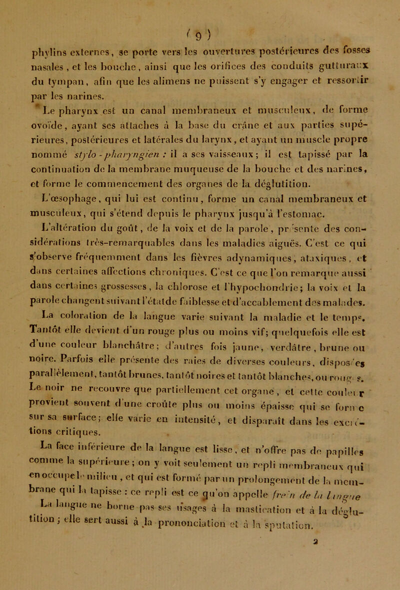 ^9 ) phylins exlernrs, se porte vers les ouvertures postérieures des fosses nasales , et les houelie, ainsi que les orifices des conduits guttnraî:x du tympan, afin que les alimens ne puissent s’y engager et ressortir par les narines.  I.e pharynx est un canal membraneux et musculeux, de forme ovoïde, ayant ses atlaclies à la base du crâne et aux parties supé- rieures, postérieures et latérales du larynx, et ayant un muscle propre nommé stylo - pharyngien : \\ a ses vaisseaux ; il est tapissé par la continuation de la membrane muqueuse de la bouche et des narines, et forme le commencement des organes de la déglutition. L’œsophage, qui lui est continu, forme un canal membraneux et musculeux, qui s’étend depuis le pharynx jusqu’à l’estomac. L’altération du goût, de la voix et de la parole, présente des con- sidérations Irés-remarquables dans les maladies aiguës. C’est ce qui s’observe fréquemment dans les fièvres adynamiqiies, ataxiques, et dans certaines affections chroniques. C’est ce que l’on remarque aussi dans certaine? grossesses, la chlorose et I hypochondrie; la voix et la parole changent suivant l’étatde faiblesse et d’accablement des malades. La coloration de la langue varie suivant la maladie et le temps. Tantôt elle devient d un rouge plus ou moins vif; quelquefois elle est d une couleur blanchâtre; J autres fois jaune, verdâtre , brune ou noire. Parfois elle pressente des raies de diverses couleurs, disposf ej paralièlement, tantôt brunes, tantôt noires et tantôt blanches,ou roug- ?. Le noir ne recouvre que partiellement cet organe, et celte coulm r provient souvent d’une croûte plus ou moins épaisse qui so forn c sur sa surface; elle varie en intensité, et disparaît dans les excic- lions critiques. La face inférieure de la langue est lisse, et n’offre pas de papilles comme la supérieure ; on y voit seulement utj repli membraneux qui en occupelo milieu , et qui est formé parmi prolongement de la mem- brane qui la tapisse : ce repli est ce ^u’on appelle fre-n de la lingue La langue ne borne pas ses lïsages à la mastication et cà la dé^>lu- tition ; elle sert aussi à .la prononciation et à la sputation,