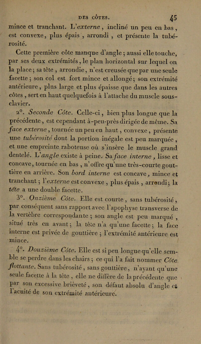 mince et trancliant. h'externe , incliné un peu eu bas , est convexe, plus épais , arrondi , et pi'ésente la tubé- rosité. Celte première côte manque d’angle ; aussi elle touche, par ses deux extrémités, le plan horizontal sur lequel on la place; sa tète , arrondie, n’est creusée que par une seule facette ; son col est fort mince et allongé ; son extrémité antérieure, plus large et plus épaisse que dans les autres côtes , sert en haut quelquefois à l’attache du muscle sous- clavier. 2°. Seconde Côte. Celle-ci, bien plus longue que la précédente, est cependant à-peu-près dirigée de même. Sa face externe , tournée un peu en haut, convexe, pi'ésente une tubérosité dont la portion inégale est peu marquée , et une empreinte raboteuse où s’insère le muscle grand dentelé. angle existe à peine. Sa face interne , lisse et concave, tournée en bas , n’offre qu’une très-courte gout- tière en arrière. Son bord interne est concave, mince et tranchant ; 1 externe est convexe , plus épais , arrendi; la tête a une double facette. 3°. Onzième Côte. Elle est courte , sans tubérosité , par conséquent sans rapport avec l’apophyse ti’ansverse de la vertèbre correspondante ; son angle est peu marqué , situe très en avant ; la tête n’a qu’une facette ; la face interne est privée de gouttière ; l’extrémité antérieure est mince. Douzième Côte. Elle est si peu longue qu’elle sem- ble se perdre dans les chairs ; ce qui l’a fait nommer Côte- flottante. Sans tubérosité , sans gouttière, n’ayant qu’une seule facette a la tcte , elle ne difl’ère de la précédente que i par son excessive brièveté, son défaut absolu d’angle et 1 acuité de son extrémité antérieure.