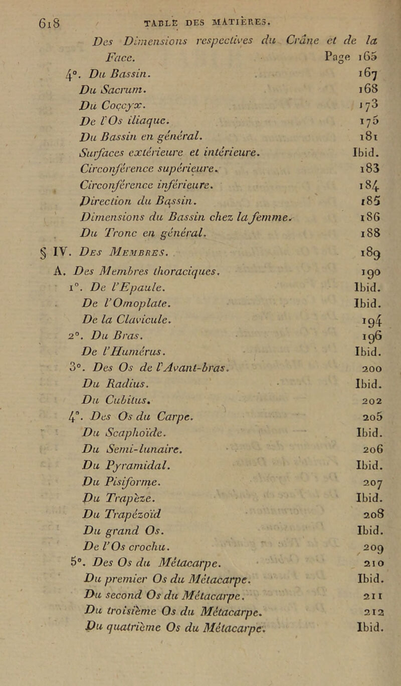 Des Dimensions respectives du Crâne et de la Face. Page iGa 4°. Du Bassin. 167 Du Sacrum. 168 Du Coçcyx. 178 De VOs iliaque. 175 Du Bassin en général. i8t Surfaces extérieure et intérieure. Ibid. Circonférence supérieui’e. GO Circorférence irférieure. 184 Direction du Bqssin. i85 . ' Dimensions du Bassin chez la femme. i86 Du Tronc en général. 188 § IV. Des Membres. 189 A. Des Membres thoraciques. 190 1°. De l’Epaule. Ibid. De l’Omoplate. Ibid. De la Clavicule. 194 2°. Du Bras. 196 De l’Humérus. Ibid. 3°. Des Os de VAvant-bras, 200 Du Radius. Ibid. Du Cubitus. 202 4. Des Os du Carpe. 2o5 ” Du Scaphoïde. Ibid. Du Serni-lunaire. • ■ 206 Du Pyramidal. Ibid. Du Pisifornie. 207 Du Trapèze. Ibid. Du Trapézoïd 208 Du grand Os. Ibid. De l’Os crochu. ,209 5°. Des Os du Métacarpe. 210 Du premier Os du Métacarpe. Ibid. Du second Os du Métacarpe. 21 I Du troisième Os du Métacarpe. 21a