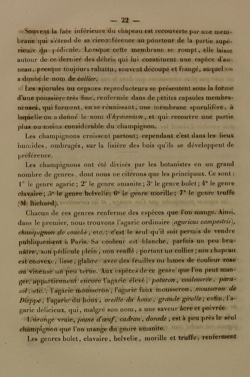 Souvent la face inférieure du chapeau est recouverte par une mem- brane qui s’étend de sa circonférence au pourtour de la partie supé- rieur du pédicule. Lorsque cette membrane se rompt, elle laisse autour de ce dernier des débris qui lui constituent une espèce d’an- neau, presque toujours rabattu, souvent découpé et frangé, auquel on a donné le nom de collier. Les spo raies ou organes reproducteurs se présentent sous la forme d’une poussière très-fine, renfermée dans de petites capsules membra- neuses, qui forment, en se réunissant, une membrane sporulifère, à laquelle on adonné le nom &'hyménium , et qui recouvre une partie plus ou moins considérable du champignon. Les champignons croissent partout; cependant c’est dans les lieux humides, ombragés, sur la lisière des bois qu’ils se développent de préférence. Les champignons ont été divisés par les botanistes en un grand nombre de genres, dont nous ne citerons que les principaux. Ce sont : 1 le genre agaric; 2° le genre amanite; 3° le genre bolet ; 4° le genre clavaire; 5° le genre helvelle; 6° le genre morille; 7° le genre truffe (■M. Richard). Chacun de ces genres renferme des espèces que l’on mange. Ainsi, dans le premier, nous trouvons l’agaric ordinaire (agaricus campestris), champignon de couche, etc.; c’est le seul qu’il soit permis de vendre publiquement à Paris. Sa couleur est blanche, parfois un peu bru- nâtre , son pédicule plein , non renflé , portant un collier; son chapeau est convexe, lisse, glabre avec des feuilles ou lames de couleur rose ou vineuse un peu terne. Aux espèces de ce genre que l’on peut man- ger, appartiennent encore l’agaric élevé, poturon, couleiwrée, para- sol, etc., l’agaric mousseron , l’agaric faux mousseron, mousseron de Dieppe, l’agaric du houx, oreille du houx, grande girolle; enfin, I a- garic délicieux, qui, malgré son nom, a une saveur âcre et poivrée. L'oronge vraie, jaune d'œuf, cadran , dorade , est à peu près le seul champignon que l’on mange du genre amanite. Les genres bolet, clavaire, helvelle, morille et truffe, renferment