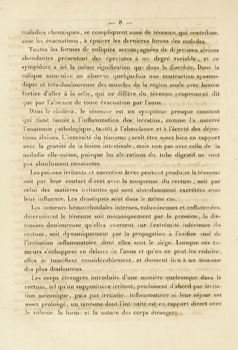 inalaclies chroniques, se conipliquent aussi de ténesme qui contribue, avec les évacuations , à épuiser les dernières Forces des malades. Toutes les Formes de coliques accompagnées de d< jeciions alvines abondantes présentent des é|)rclntes à im degré variable , et ce .symptôme a ici la meme signiFication que dans la diarrhée. Dans la colique saturnine on observe quelqueFois une contraction spasmo- dique et très-douloureuse des muscle.s de, la région anale avec besoin Factice d’aller à la selle, qui ne diFFère,du lérjesîue proprement dit (jue par l’absence de toute évacuation par l’anus. Dans le choléra, le lénesine est un symptôme j>resque constant ((iii tient tantôt à l’inflammation des intestins, comme l’a montré l’anatomie pathologique, tantôt à l’abondcmce et à l’âcrefé des déjec- tions alvines. L’intensité du ténesme paraît être assez bien en rappoi't avec la gravité de la lésion intestinale, rirais non pas avec celle de la maladie elle-même, puisque les altérations du tube digestiF ne sont pas absolument constantes. Les poisons irr itants et nai cotico âcres peuvent produir*e le ténesme soit par* leur contact direct avec la muqueuse du rectum , soit par celui des matières ir ritantes qui sont abondamment excrétées soirs leur* influence. Les drastiques sont dans le même cas. Les lumeui’s hémorrhoïdales internes, volumineuses et enflanamée.s, (lélerminerrt le ténesme soit mécarriquement par la pression, la di.s- (ension douloui’cuse qu’elles exercent sur l extrémité infér*ieur*e du r ectum , soit dynamiquement [)ar la pr opagation à l’orihce anal de i’iri’itation inflammatoire dont elles sont le siège, l^orsque ces tu- meurs s’échappent en dehors .le l’anus et qu’on ne peut les réduire, elles se tuméfrerrl considér ablement, et donrrent li( u à un tériesnre des plus douloureux. Les corps étr*angers introduits d’urre manière (juelcorrque dans le rectum, tel qu’uti suppositoire ii*ritant, produisent d’abor*d par irrila- tiorr mécanique, puis [>ar irritatio^i inîlammatoire si leur séjour est assez pr’olongé, un ténesme dont l’intensité est eu r apport direct avec h* volume, la l'oriTu e( la natuï'e des cor ps étr*angers.